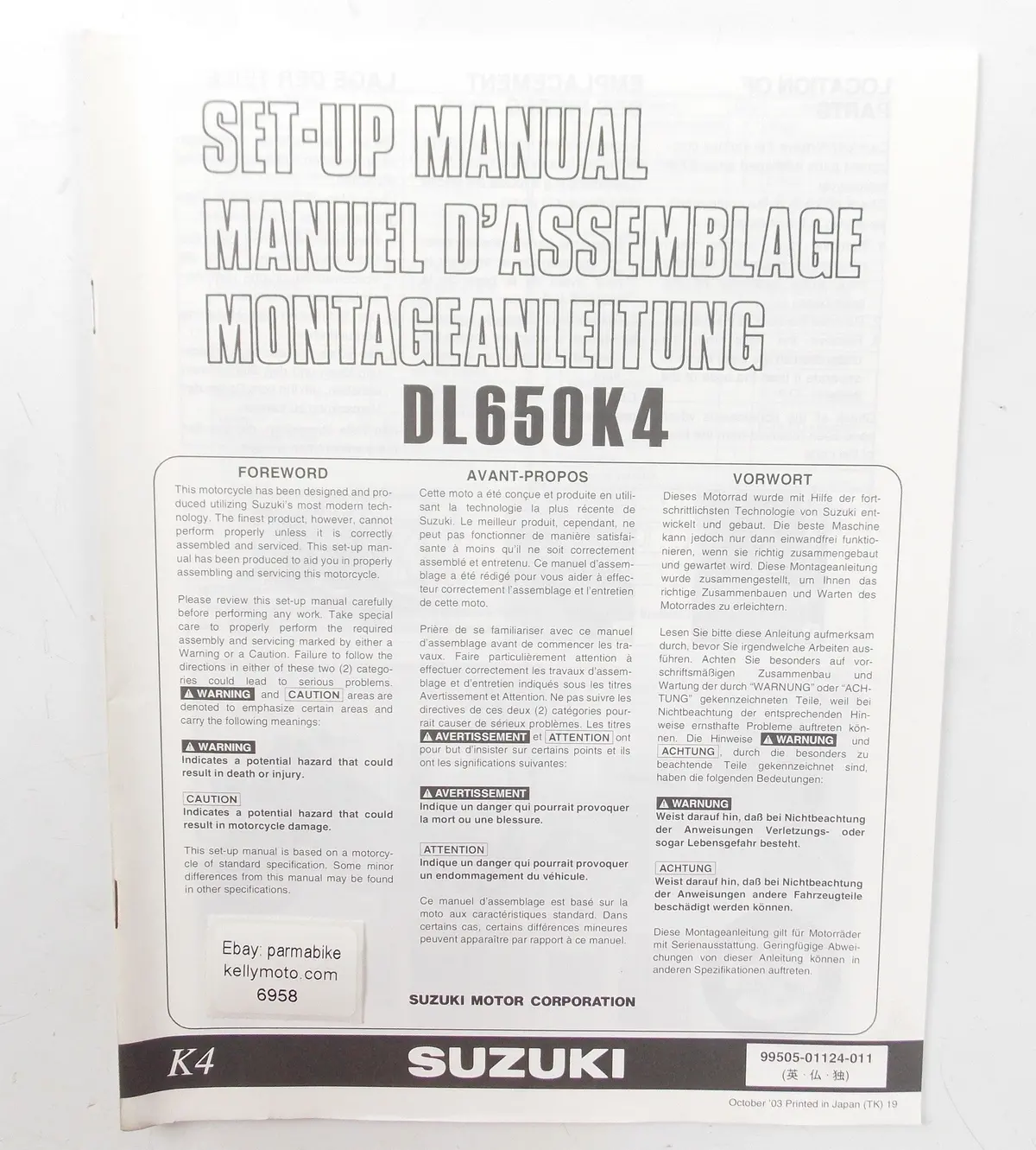 Suzuki 2003 Dl650k4 Setup Manual Brochure English/Italian/German 99505-01124-011 1