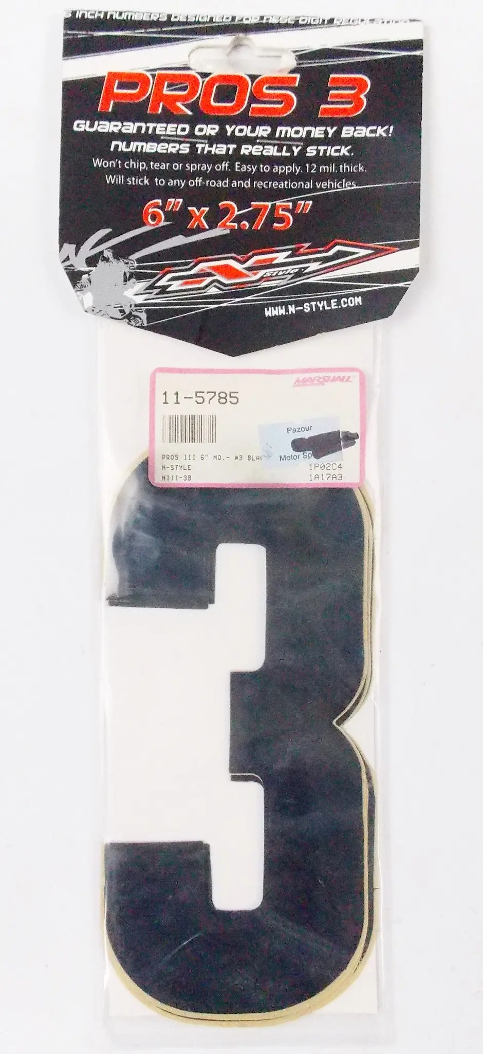 Pros 3 Front/Side Panel 6" Black Numbers Sticker Set "3" 11-5785 Niii-3B Racing 1