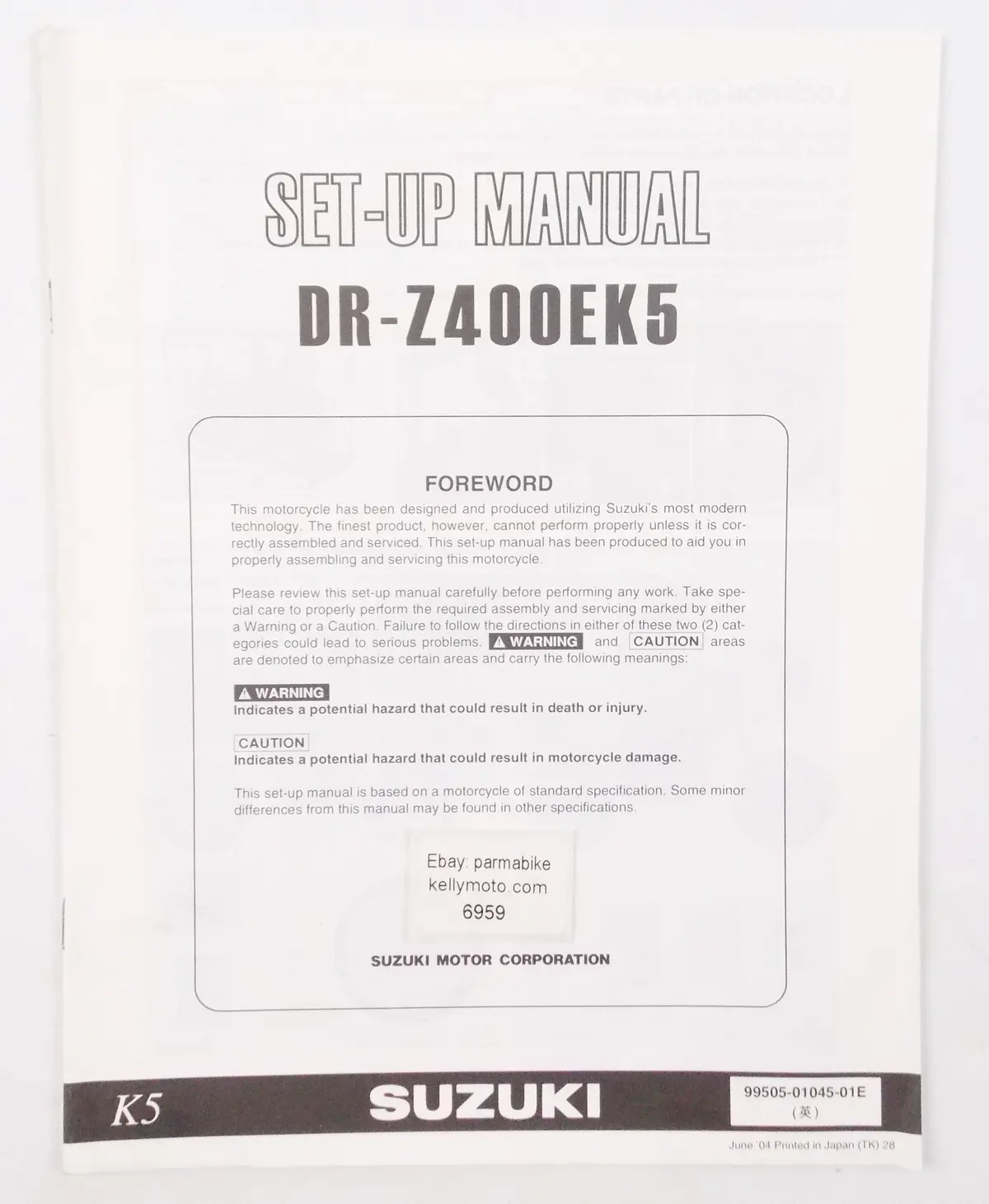 Suzuki 2004 Dr-Z400ek5 Set-Up Manual Pamphlet Brochure English 99505-01045-01E 1