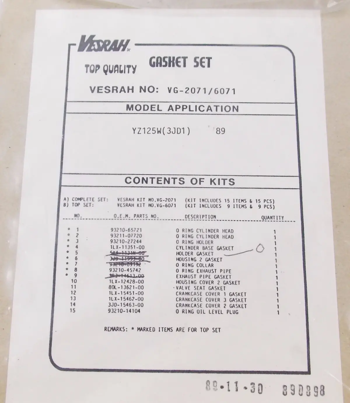 Nos Vesrah Top End Gasket Seal Kit Yamaha 1989 Yz125w (3Jd1) Vg-2071/6071 2