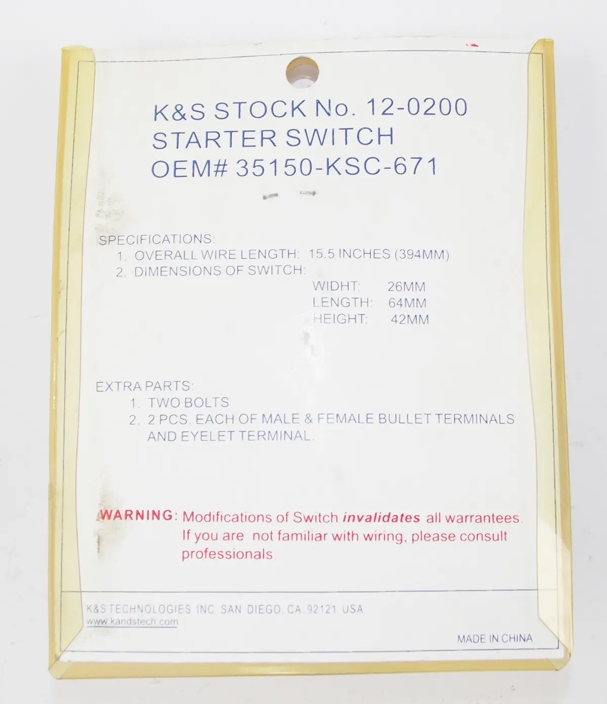 Nos K&S Honda Crf250x / Crf450x Switch Starter 12-0200 | 12-7737 | 35150-Ksc-671 2