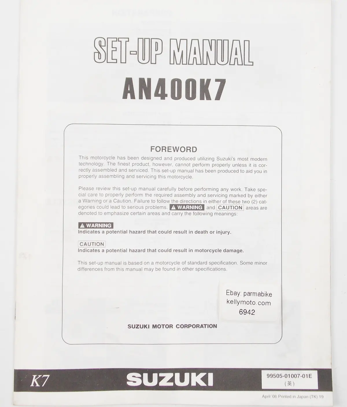 Suzuki An400k Set-Up Manual Assembly Booklet English 99505-01007-01E 1