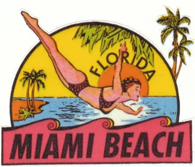 Vintage Miami Beach Florida Travel Sticker Chevrolet Dodge Ford Plymouth Decal 1