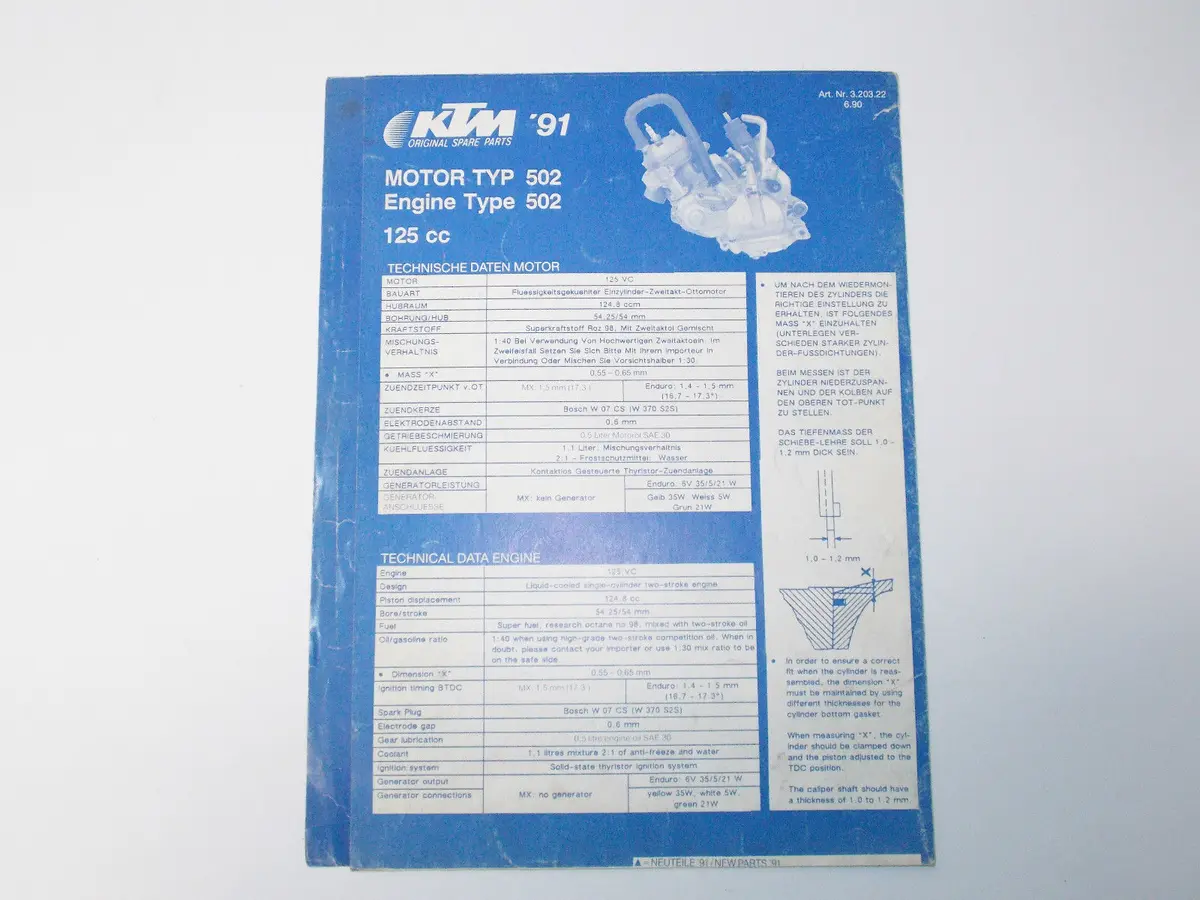 1991 Ktm 125Cc 502 Engine Spare Parts Poster Manual Motor List 3.203.22 1