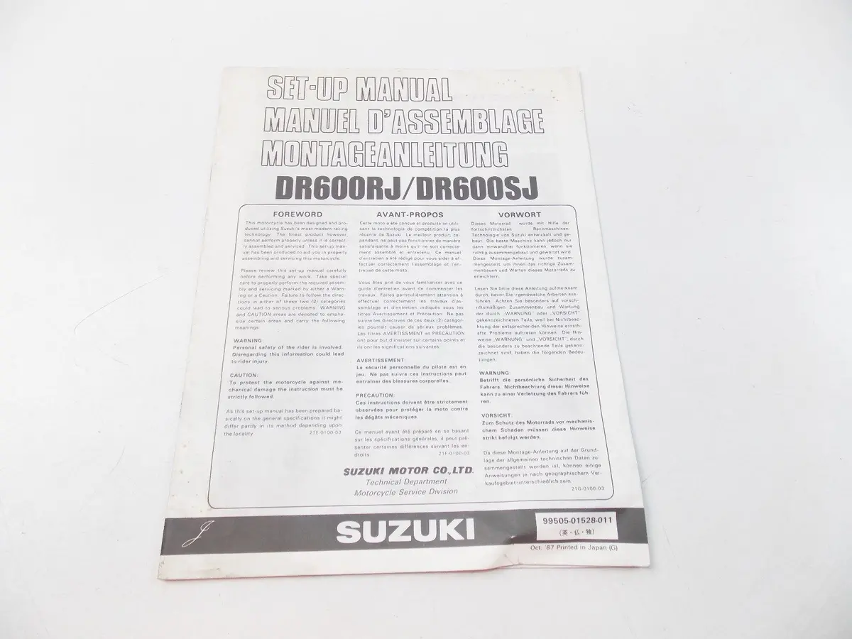 New Suzuki 1987 Set-Up Manual Dr600 English French German   99505-01528-011 1