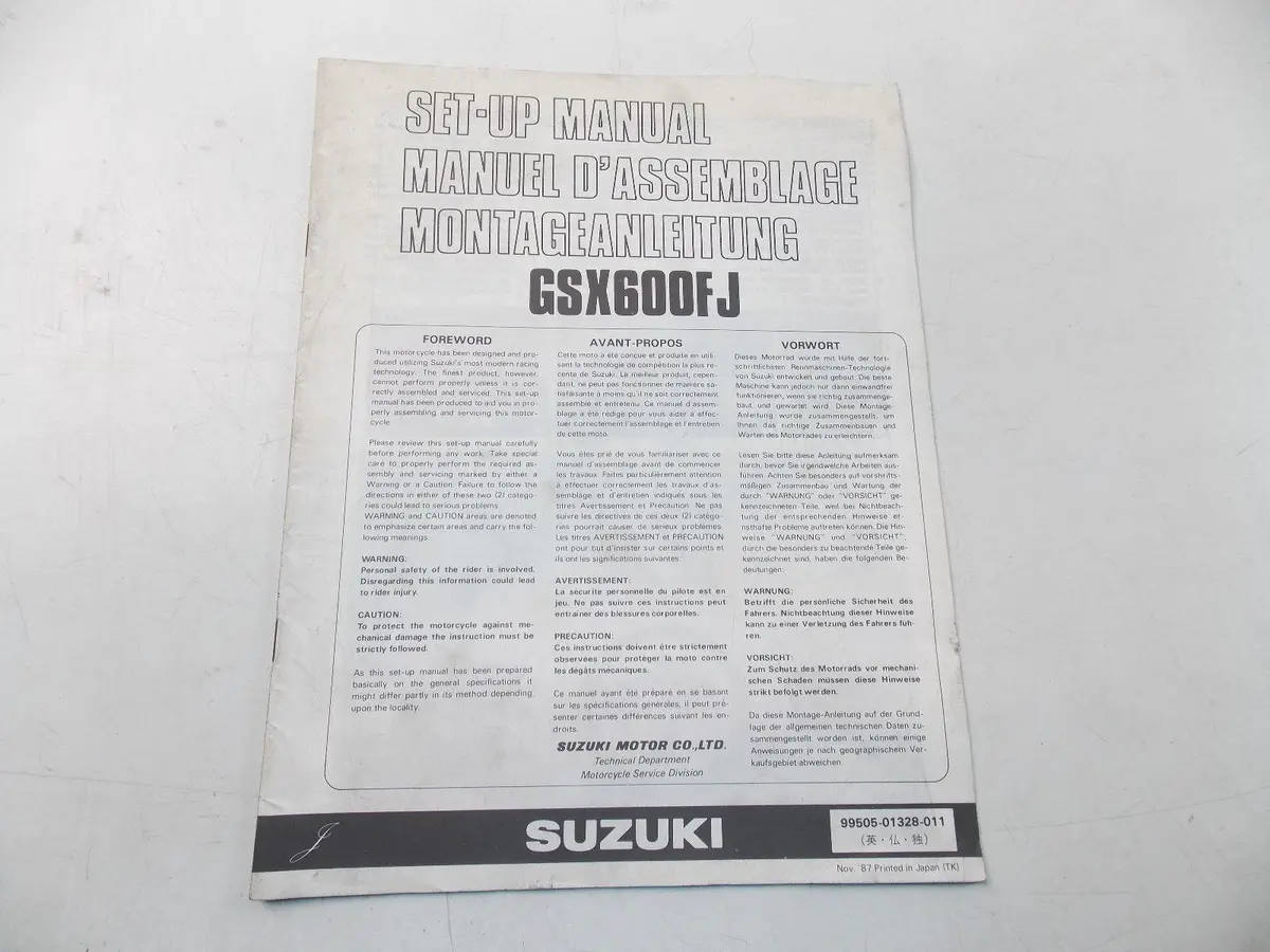 New Suzuki 1987 Setup Manual Gsx600fj English French German  99505-01328-011 1