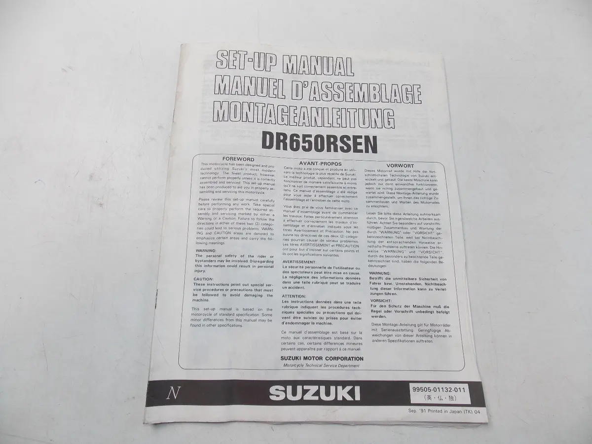New Suzuki 1991 Setup Manual Dr650rsen English French German  99505-01132-011 1