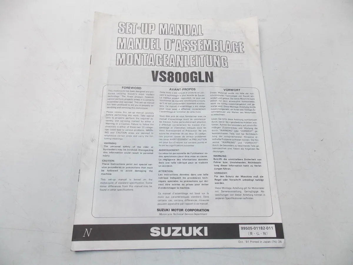 New Suzuki 1991 Setup Manual Vs800gln English French German  99505-01182-011 1