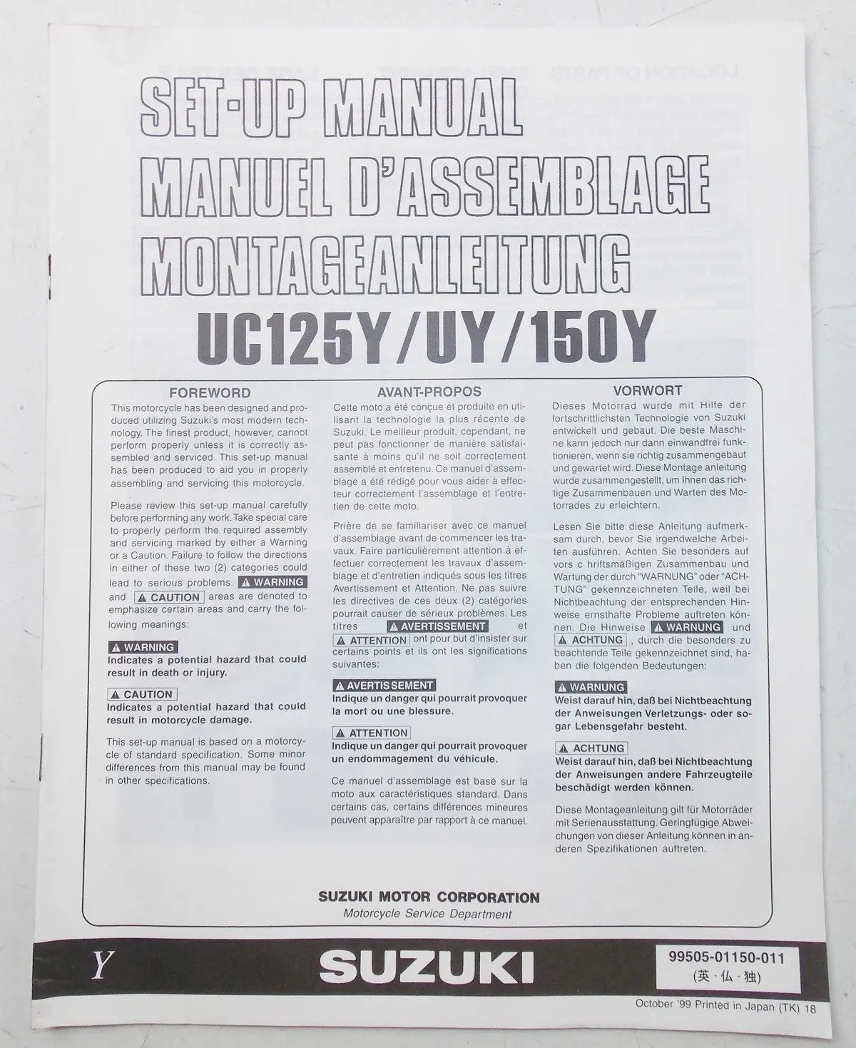 Used Suzuki 1999 Set-Up Manual Uc125 Yu150 99505-01150-011 1