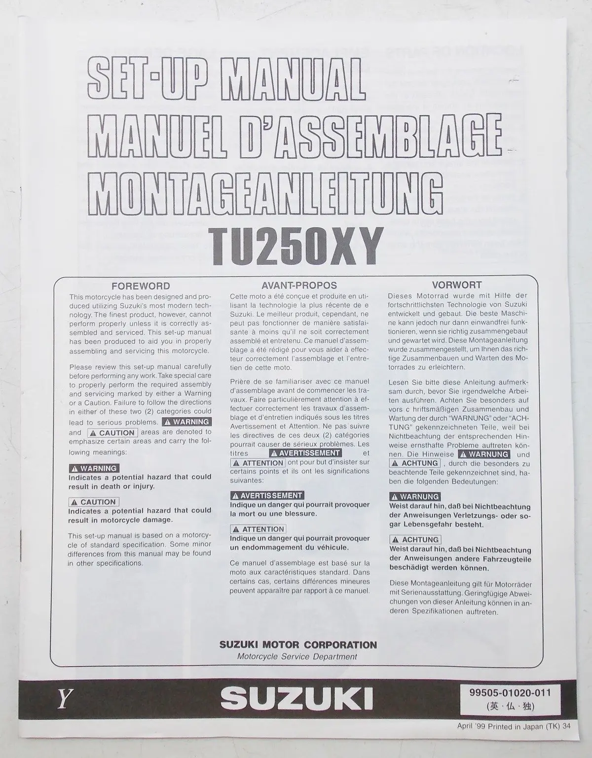 Used Suzuki 1999 Set-Up Manual Tu250xy  99505-01020-011 1