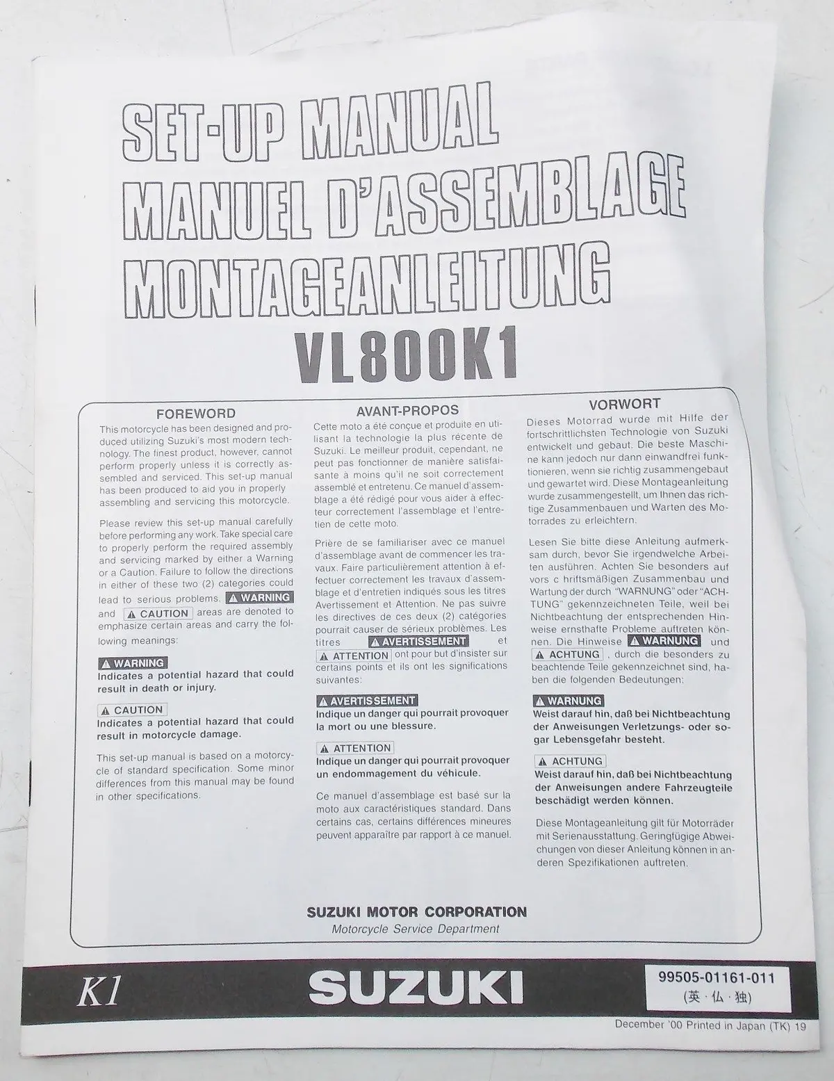 Used Suzuki 2000 Set-Up Manual  Vl800k1  99505-01161-011 1