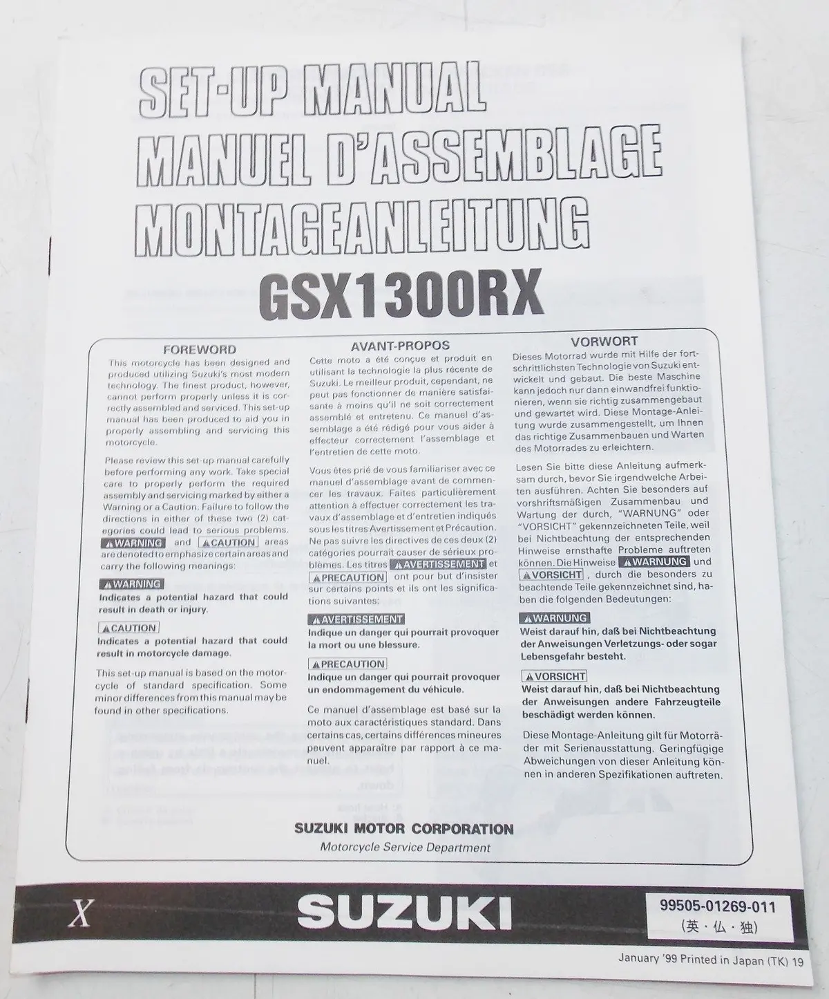 Used Suzuki 1999 Set Up Manual Gsx13900rx  99505-01269-011 1
