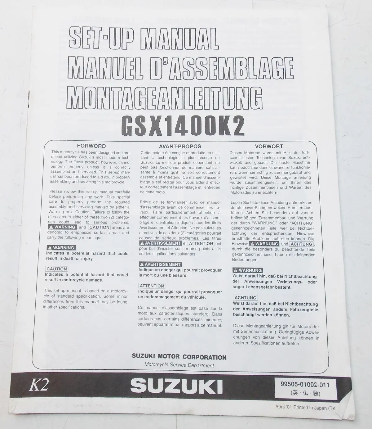 Used Suzuki 2001 Set Up Manual Gsx1400k2    99055-01002-011 1