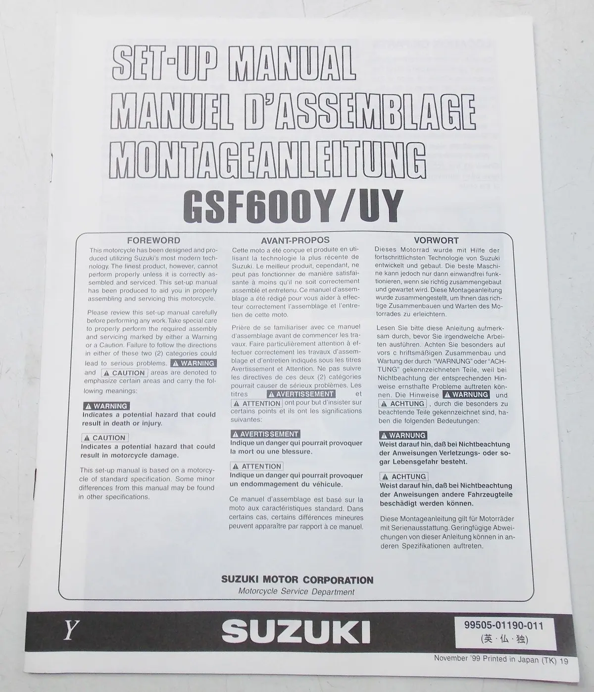 Used Suzuki 1999  Set Up Manual Gsf600y/Uy   99505-01190-011 1