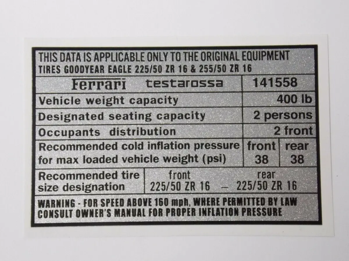 1986-90 Ferrari Testarossa Tire Inflation Size Data Label Sticker Decal 141558 1