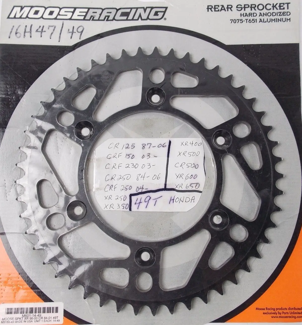 Moose Racing Aluminum Rear Sprocket 16H47/49 Honda 84-06 Xr125 Crf125 M601-14-49 1