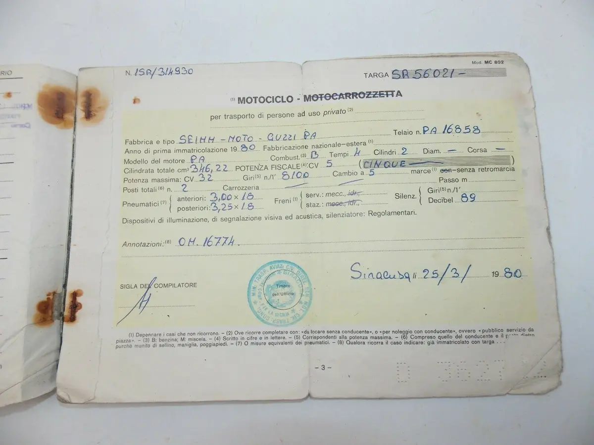 1980 Moto Guzzi 350 Italian Owner Certificate Carta Circolazione Motorcycle 2