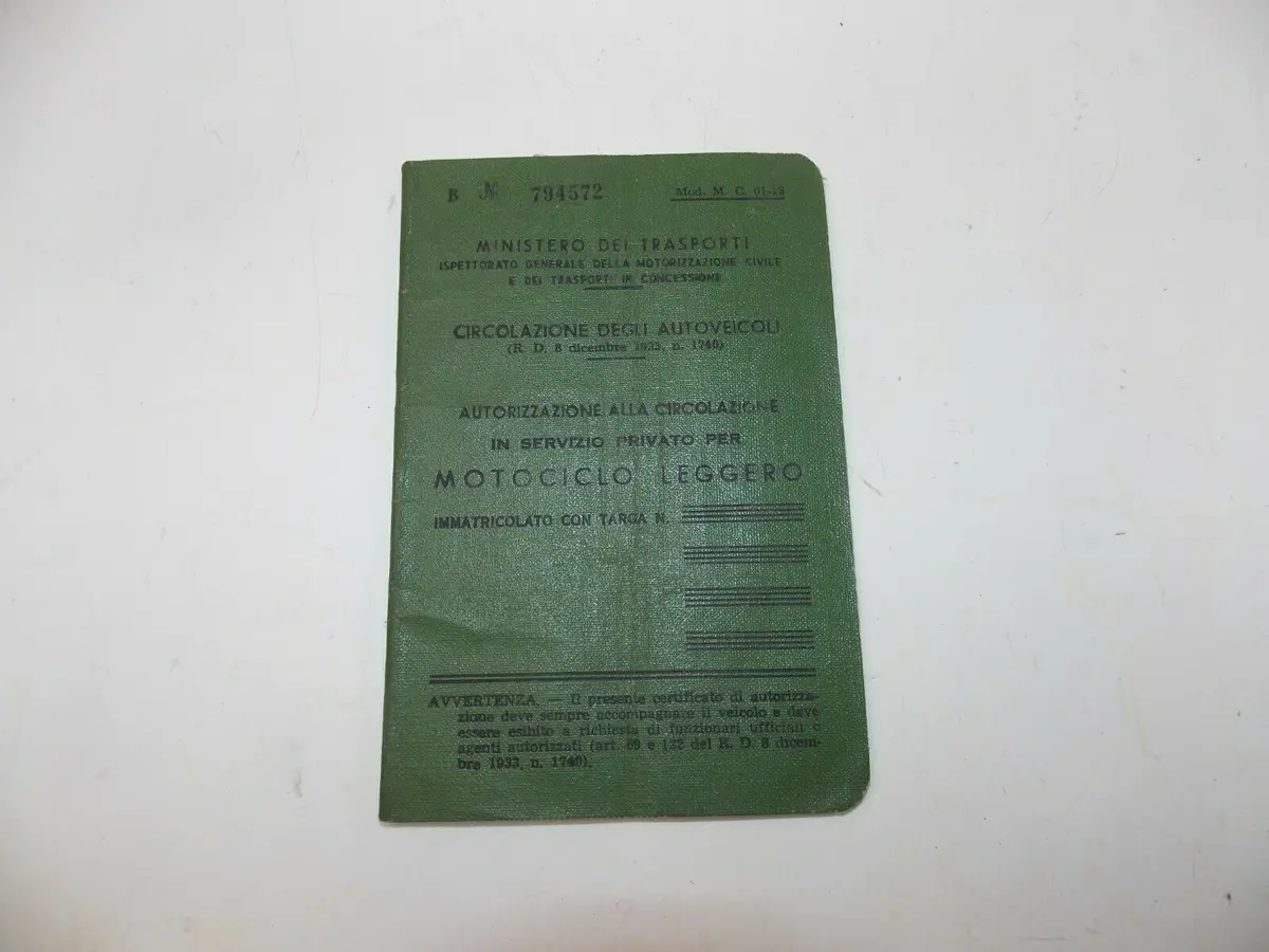 1956 Ducati 125Tv Owner Certificate Booklet Motorcycle Original Italian Document 1