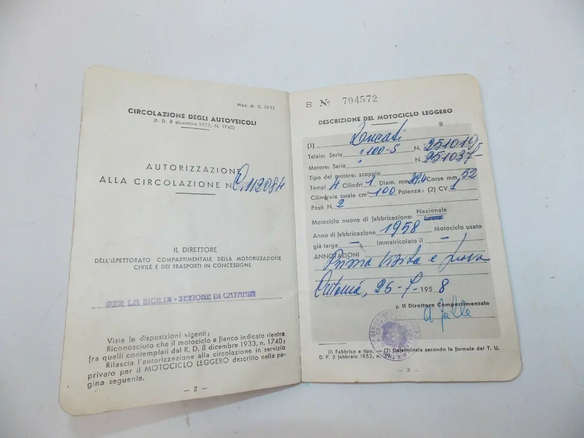 1956 Ducati 125Tv Owner Certificate Booklet Motorcycle Original Italian Document 2