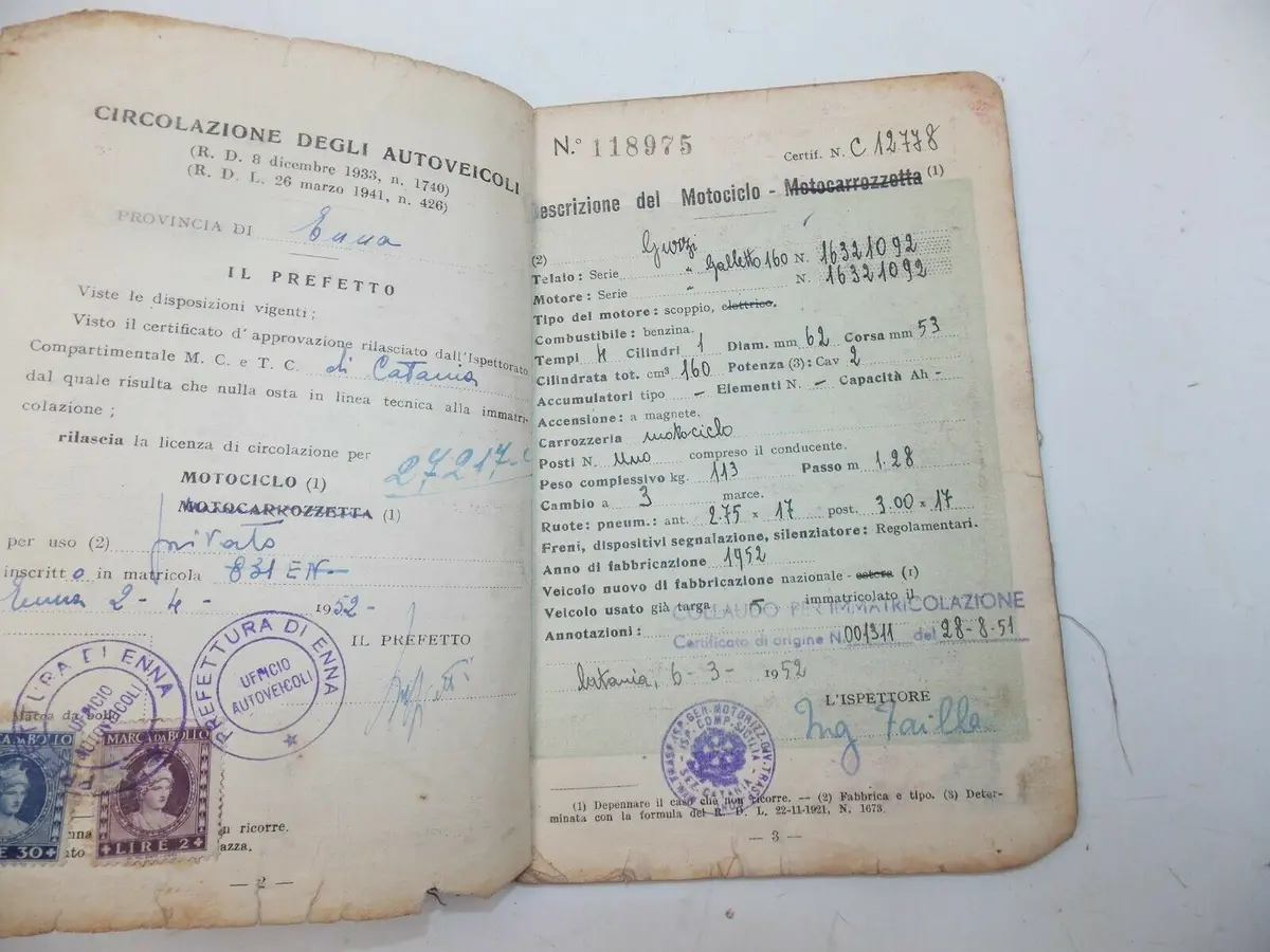 1951 Moto Guzzi Galletto 160 Owner Certificate Booklet Original Italian Document 2