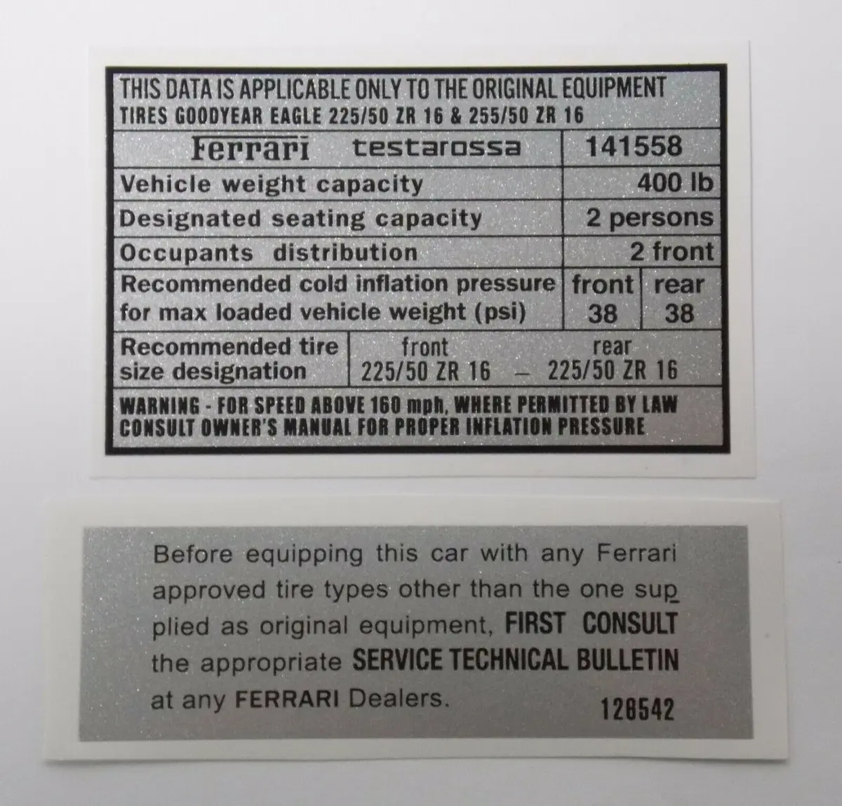 1986-90 Ferrari Testarossa Tire Inflation Size Label Sticker Decal 141558 128542 1