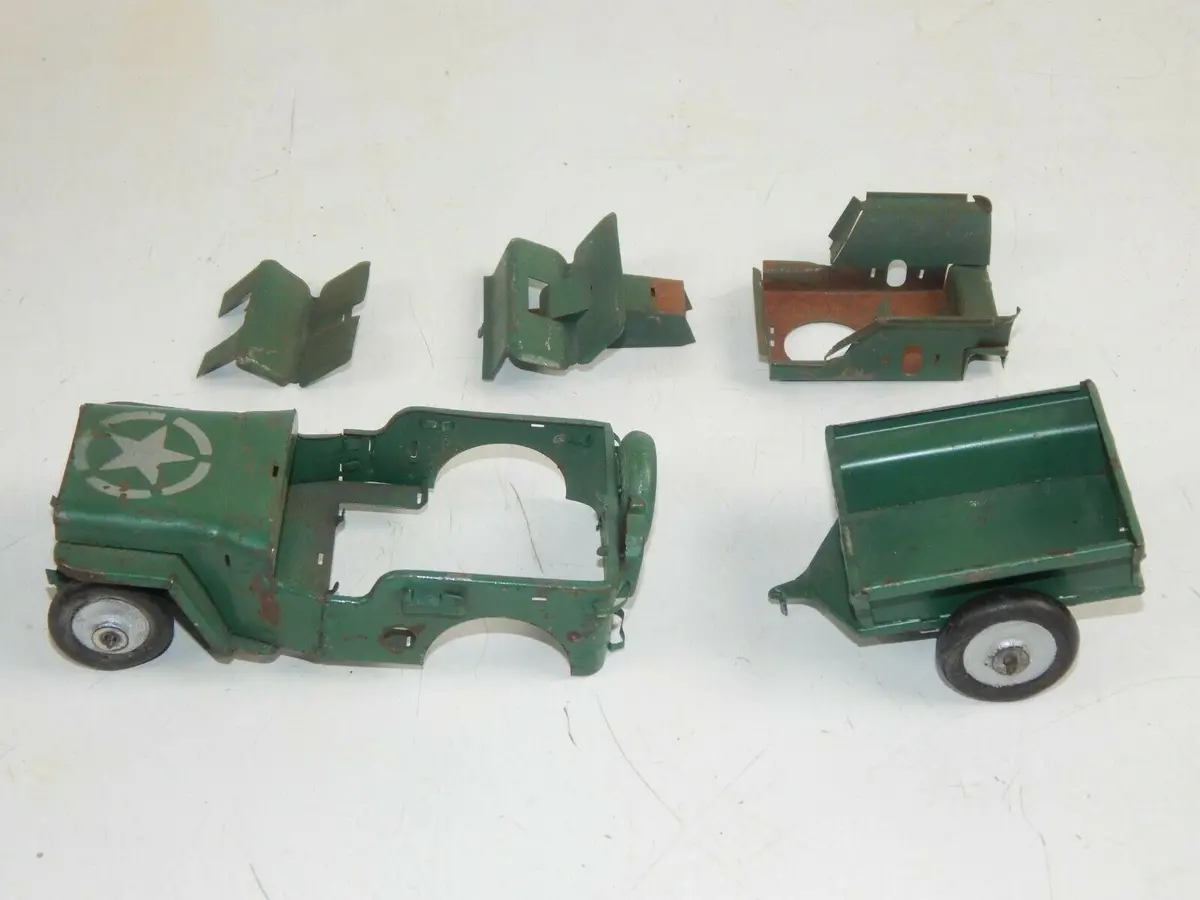 Vintage 1960'S Tin Toy Jrd France Miltary Willis+Cargo Trailer For Parts Jeep 1