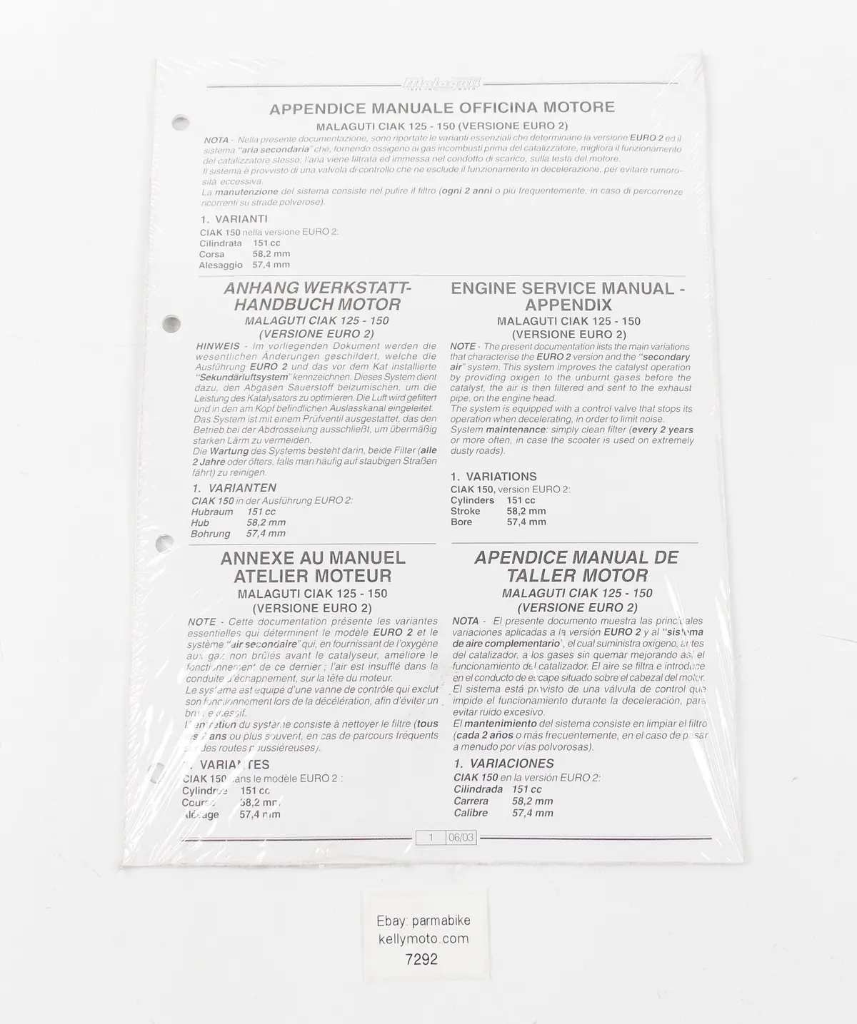 2003 Malaguti Ciak 125-150 Euro 2 Manual Workshop Repair Book Appendix 1