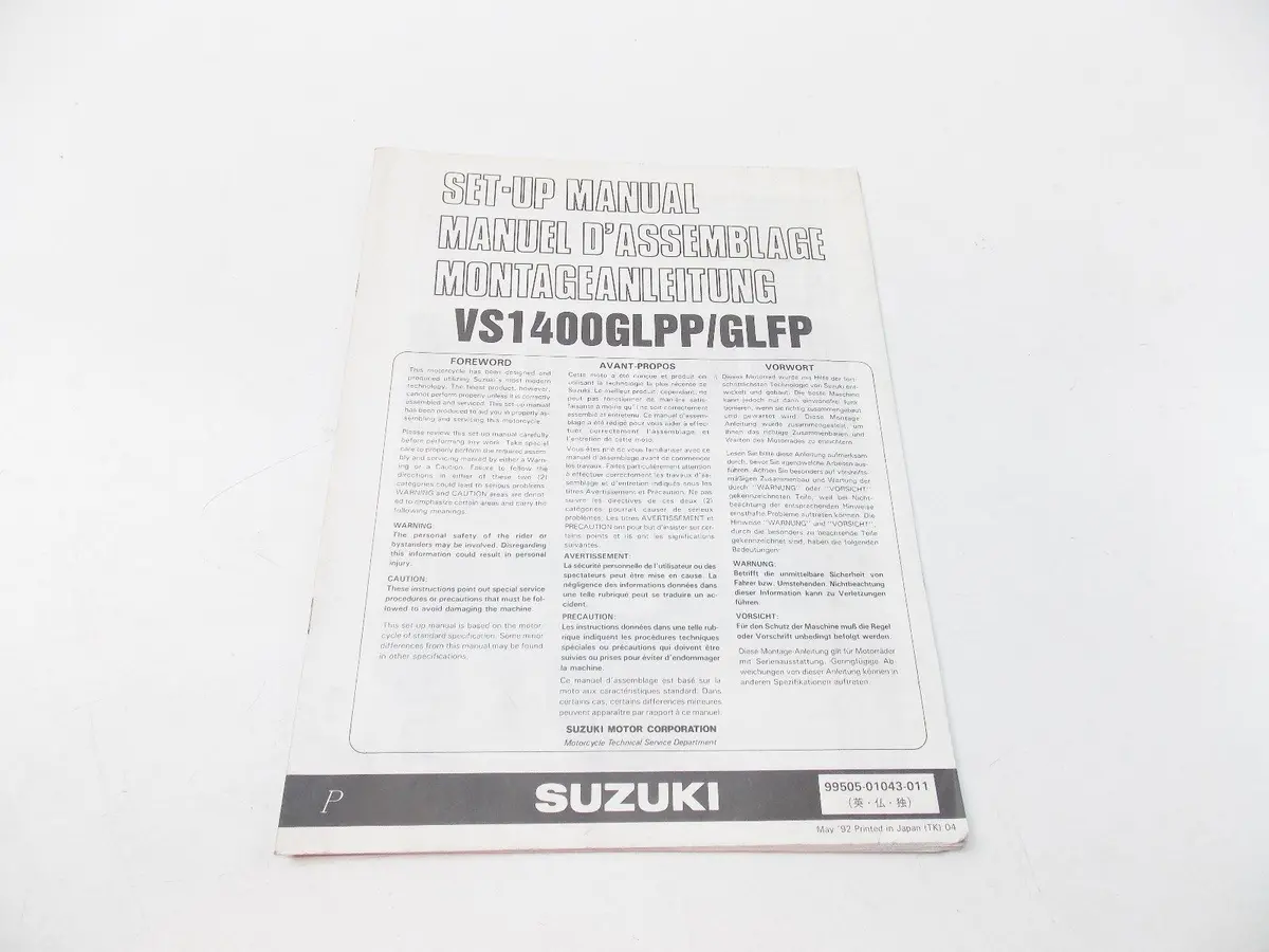 New Suzuki 1992 Set-Up Manual Vs1400 English French German 99505-01043-011 1