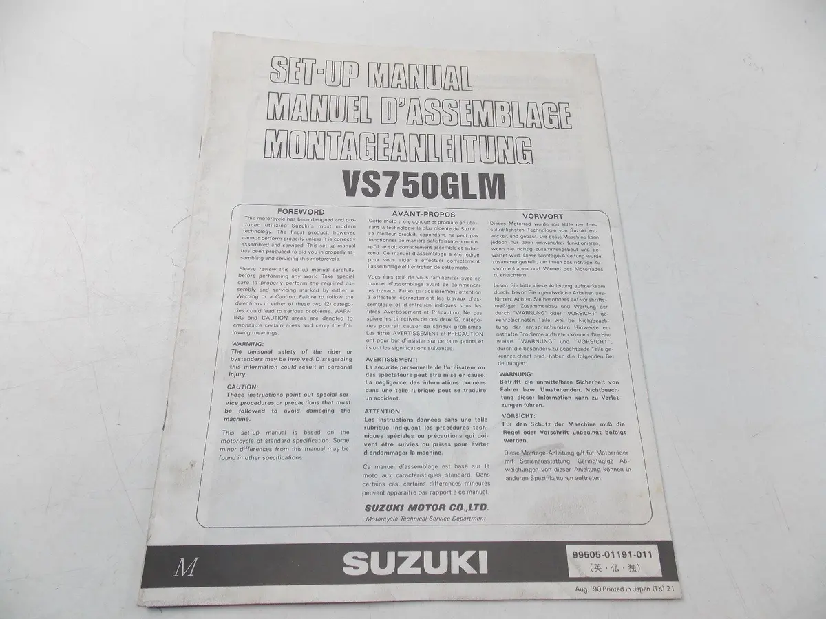 New Suzuki 1990 Setup Manual Vs750glm English French German  99505-01191-011 1