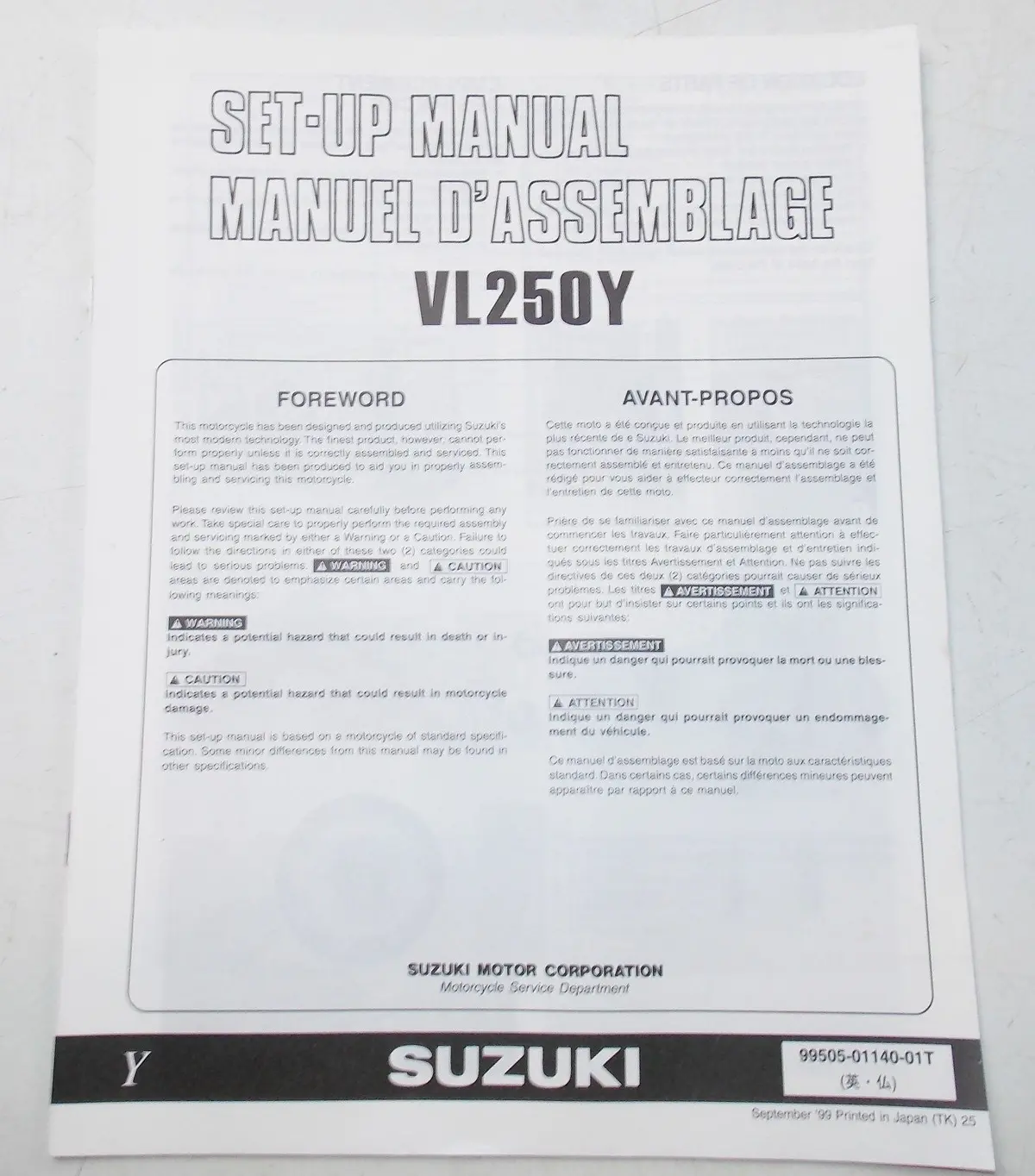 Used Suzuki 1999 Set-Up Manual  Vl250y   99505-01140-01T 1