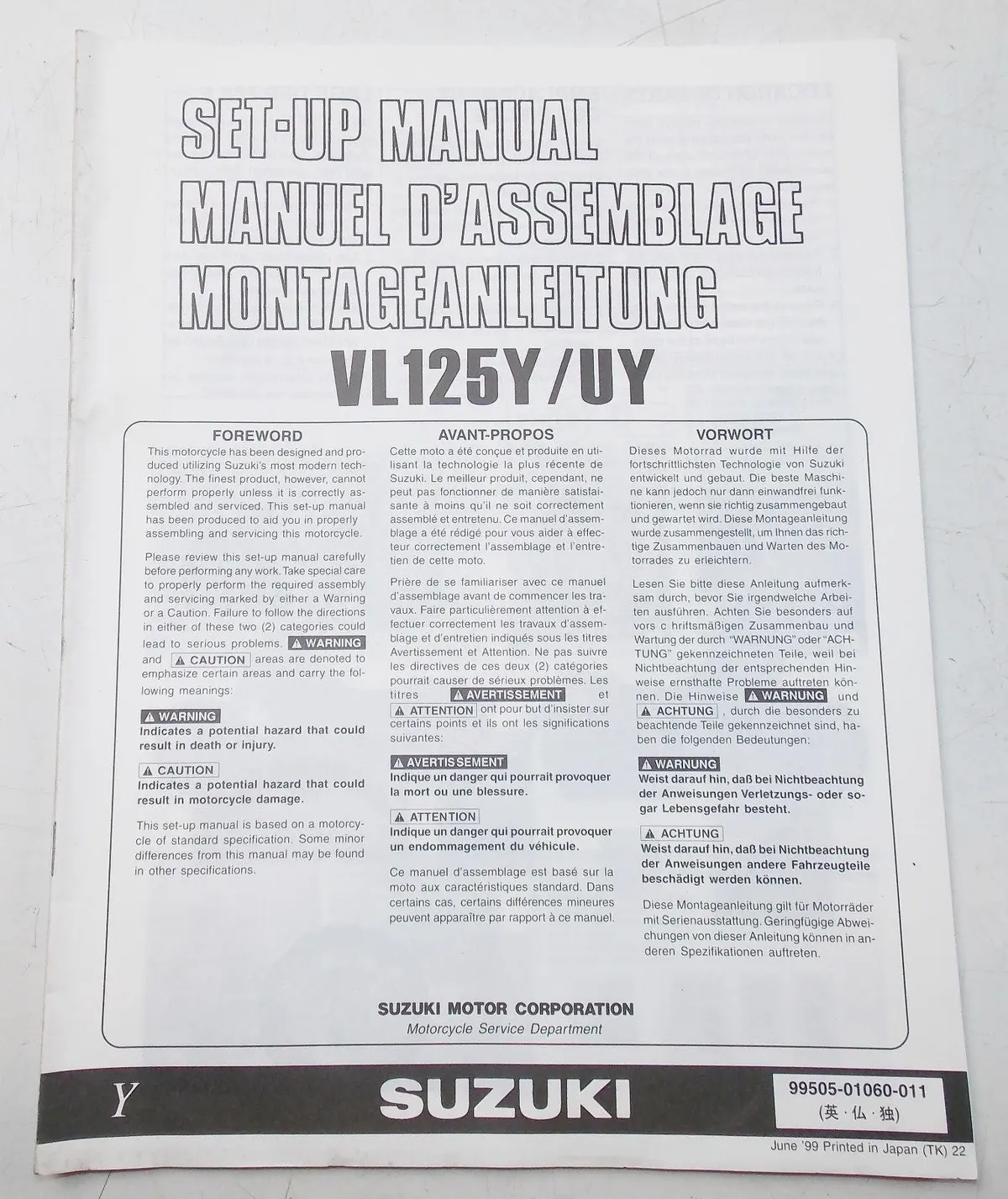 Used Suzuki 1999  Set-Up Manual  Vl125y/Uy   99505-01060-011 1