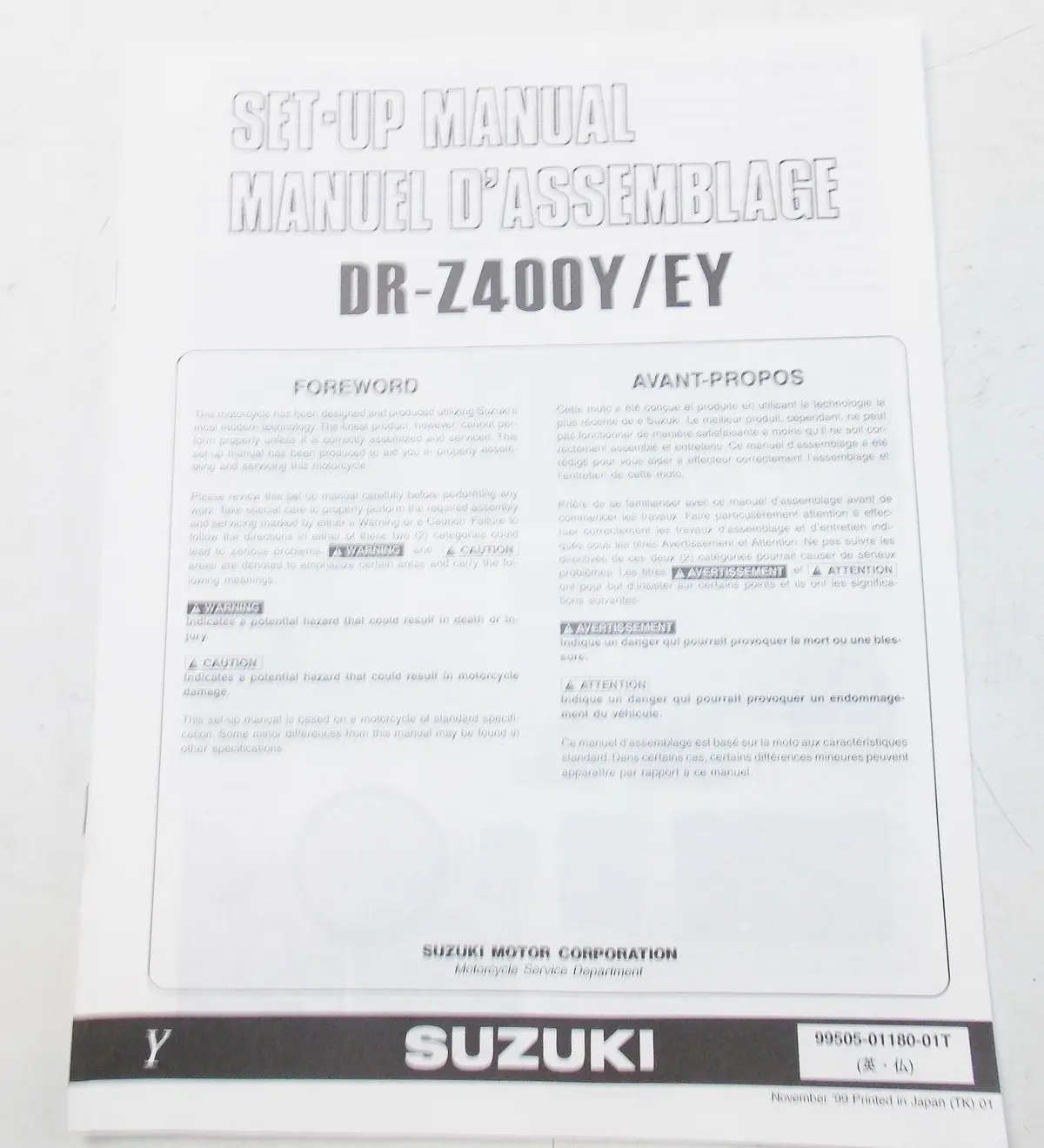 Used Suzuki 1999  Set-Up Manual Dr-Z400y/Ey   99505-01180-01T 1