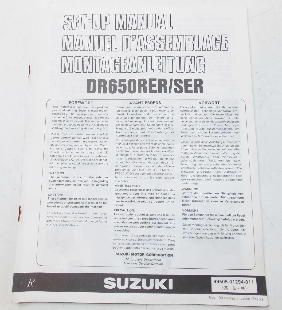Used Suzuki 1993   Set-Up Manual  Dr650rer/Ser   99505-01294-011 1