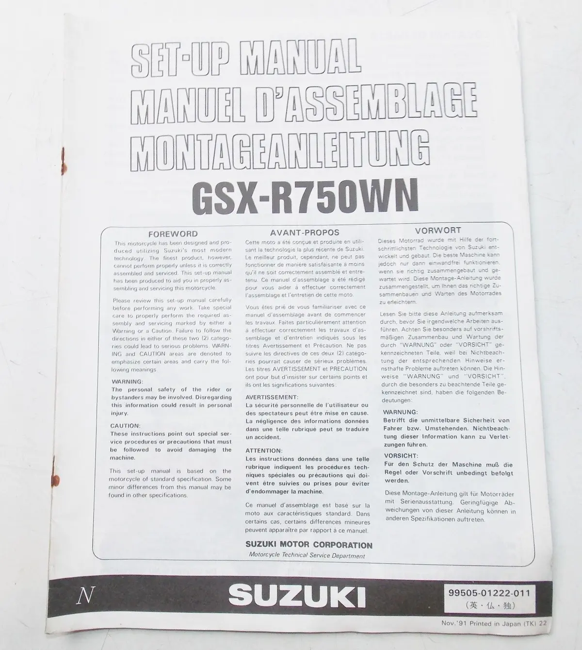 Used Suzuki  1991 Set-Up Manual Gsx-R750wn  99505-01222-011 1