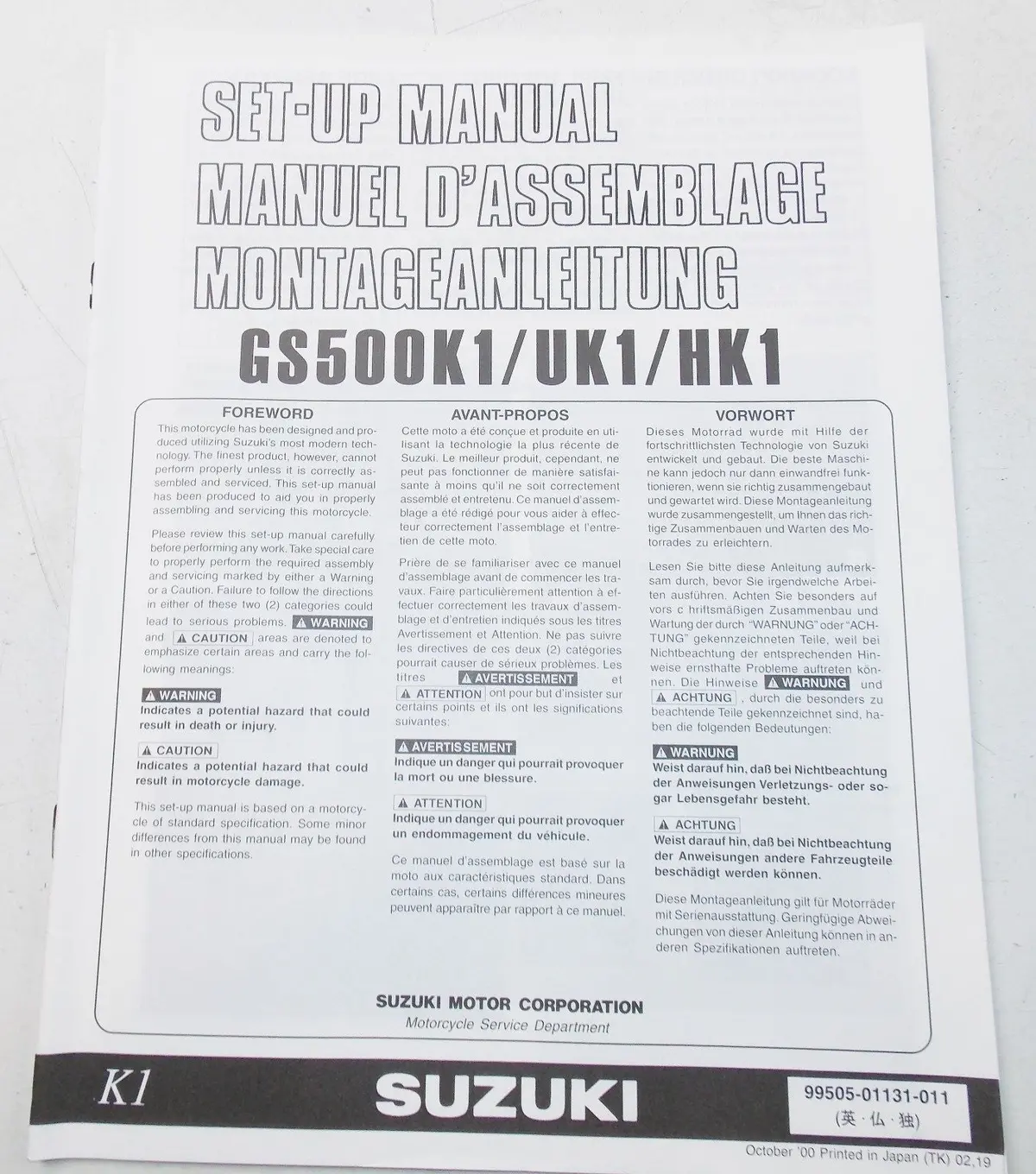 Used Suzuki 2000  Set-Up Manual S500k1/Uk1/Hk1  99505-01131-011 1