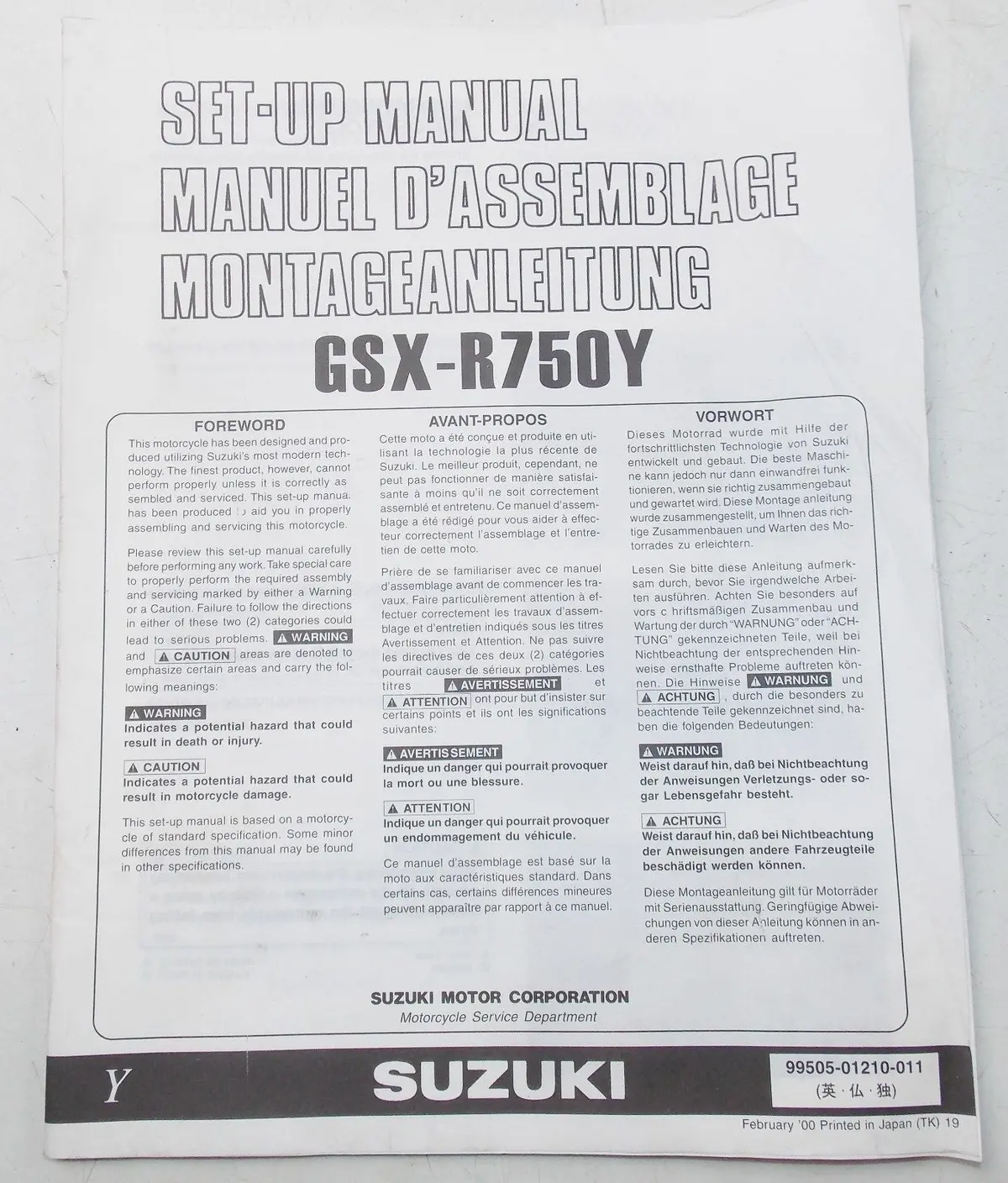Used Suzuki 2000 Set  Up Manual Gsx-R750y   99505-01210-011 1