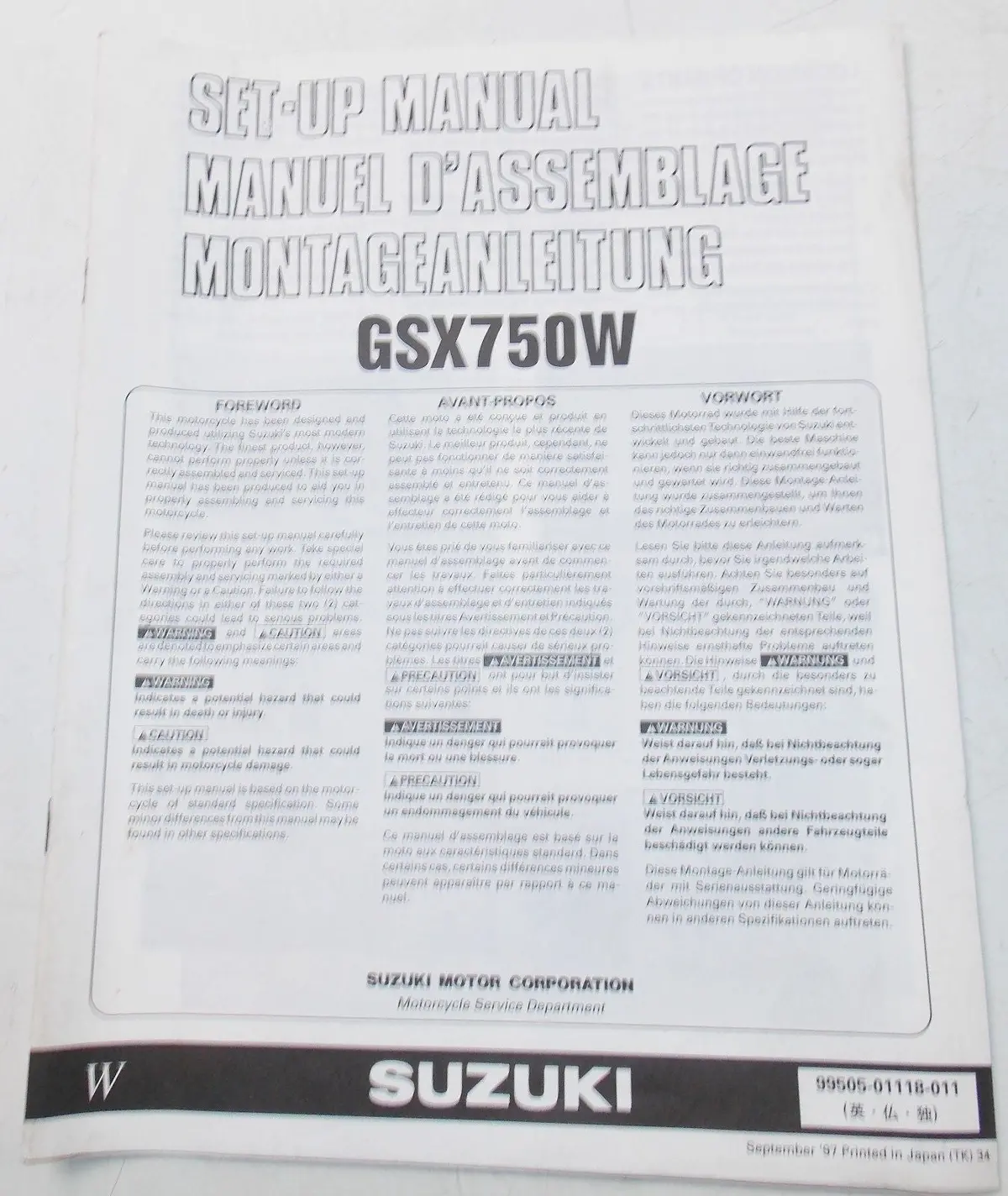 Used Suzuki 1997 Set Up Manual Gsx-750W   99505-01118-011 1