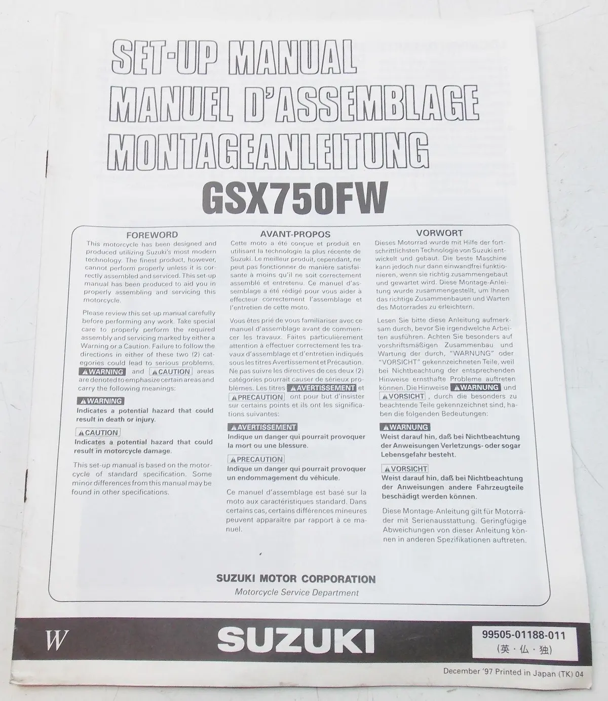Used Suzuki 1997 Set Up Manual Gsx-750Fw   99505-01183-011 1