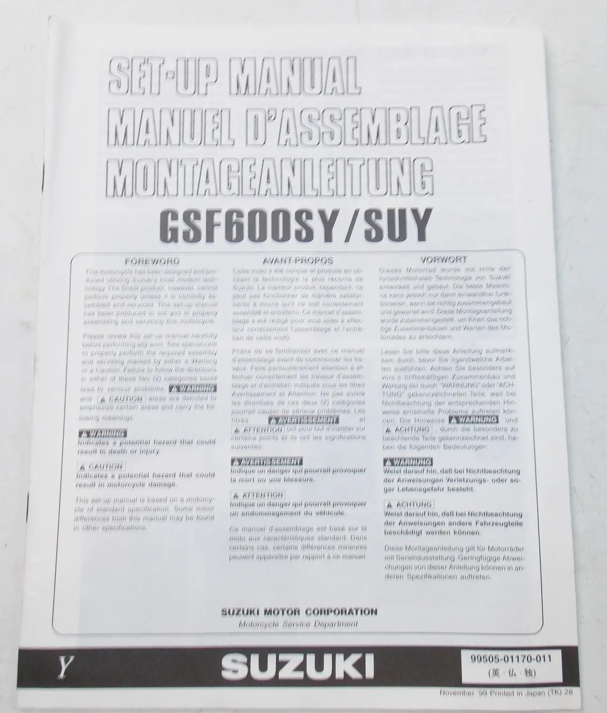 Used Suzuki 1999  Set Up Manual Gsf600sy/Suy   99505-01170-011 1