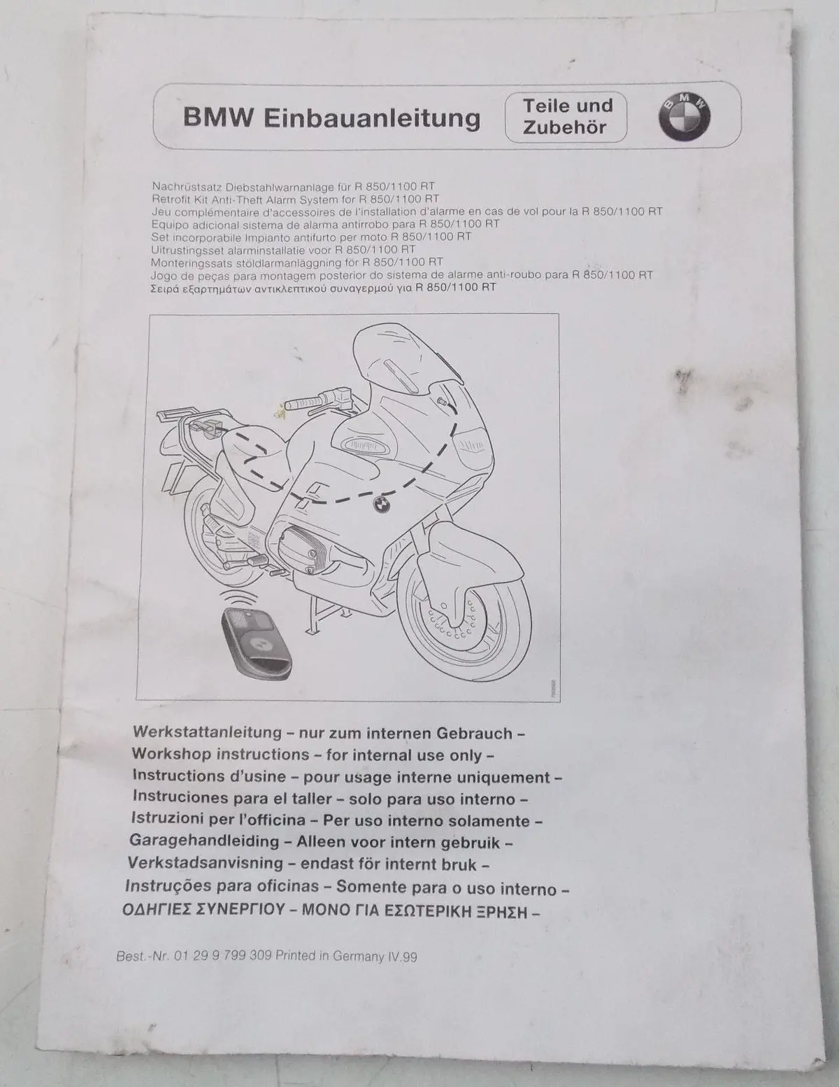 1999 Bmw R850 R1100 Rt Anti-Theft Alarm System Retro Fit Instruction Manual Book 1
