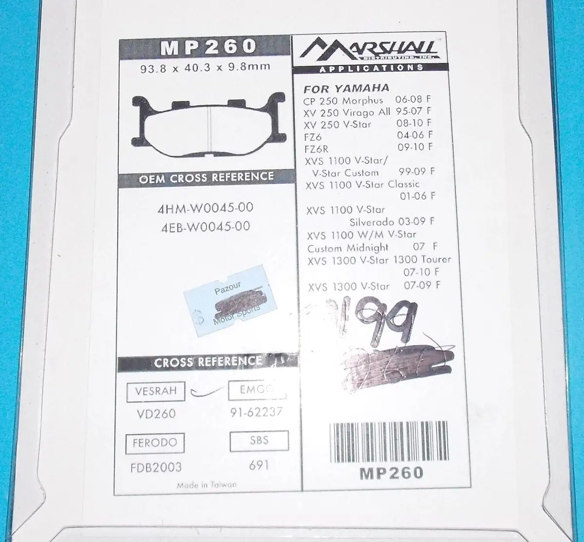 Nos Marshall Brake Pads Mp163 Fits Honda Kawasaki Suzuki Yamaha 2