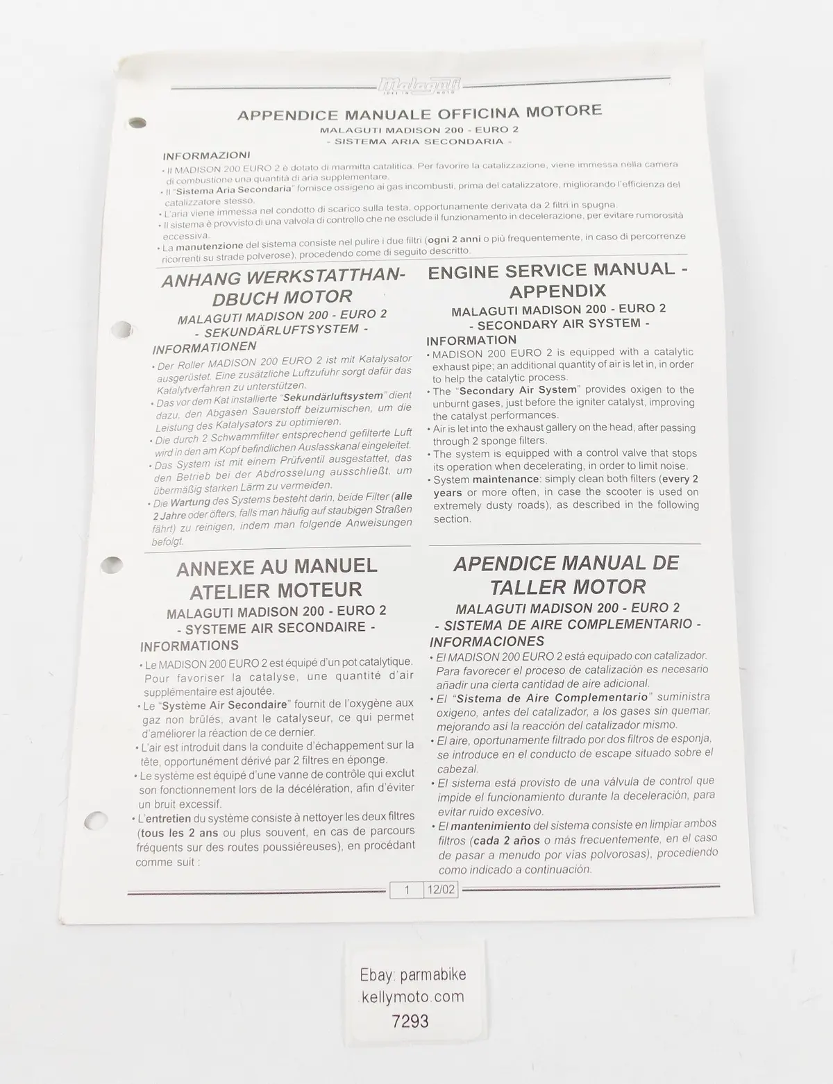 2002 Malaguti Madison 200-Euro 2 Manual Workshop Book Appendix 1