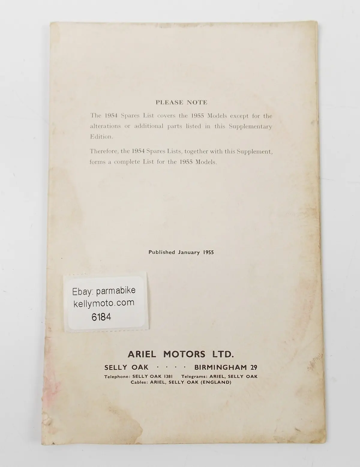 Ariel 1955 Lh 200 Colt | Vh 500 Hunter | Kh 500 Supplementary List Spare Parts 1