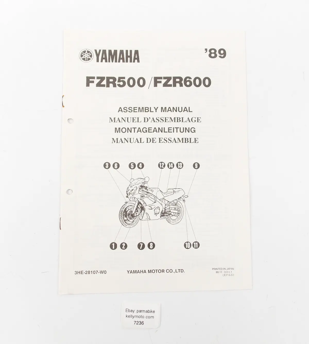 Oem Yamaha 1989 Fzr500 / Fzr600 Assembly Manual English, Italian 3He-28107-W0 1