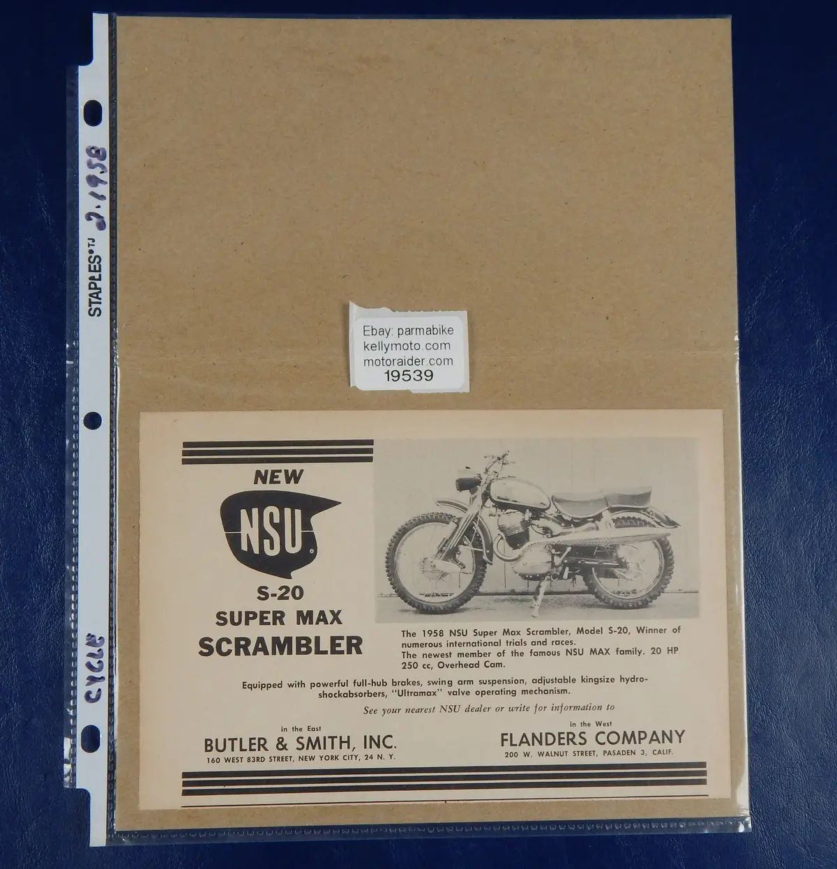 1950'S Advertisement Magazine 1958 Nsu 250 S-20 Super Max Scrambler Vintage 1