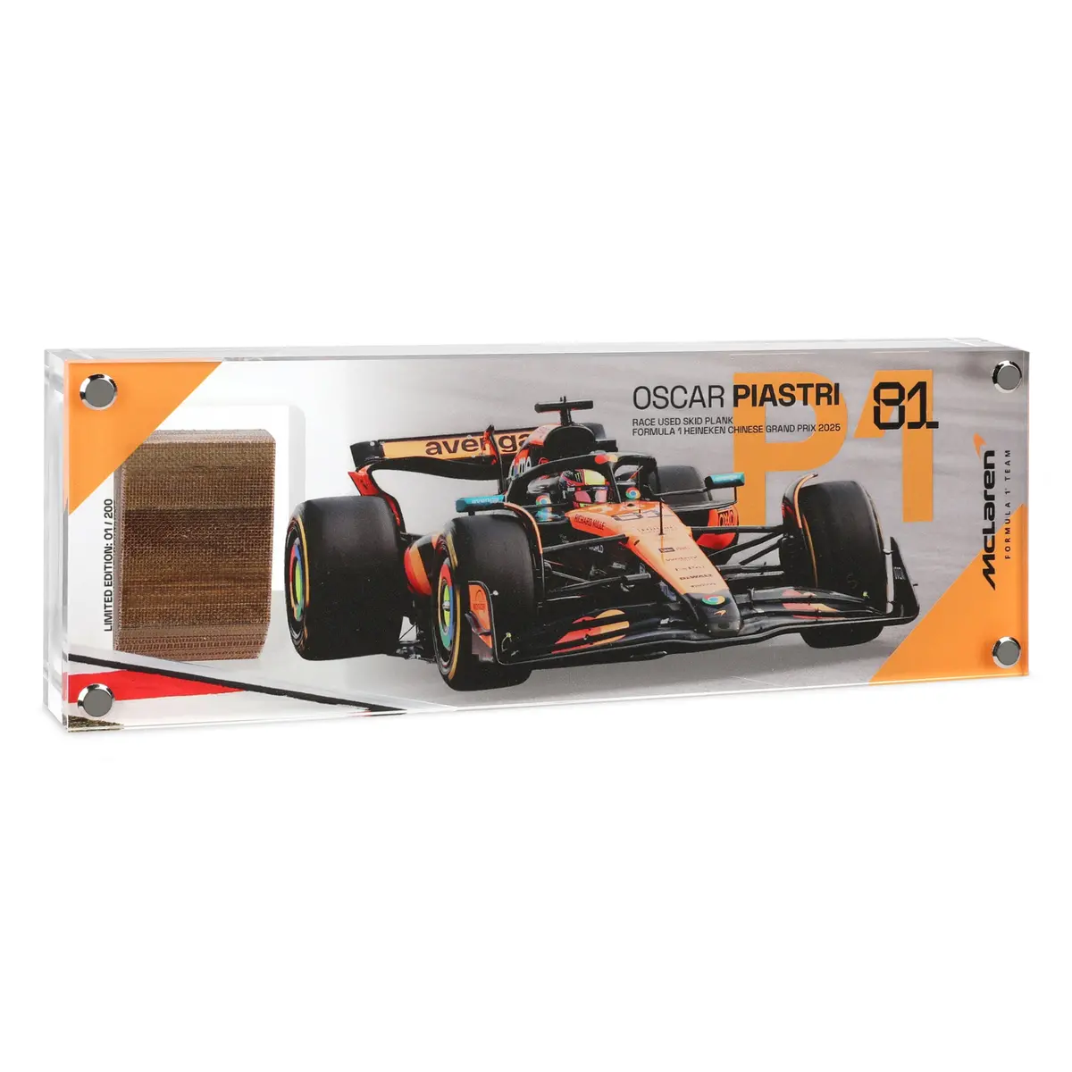 Oscar Piastri 2025 Grand Prix Used Mclaren Skid Plank Piece In Acrylic - Chinese Gp 1