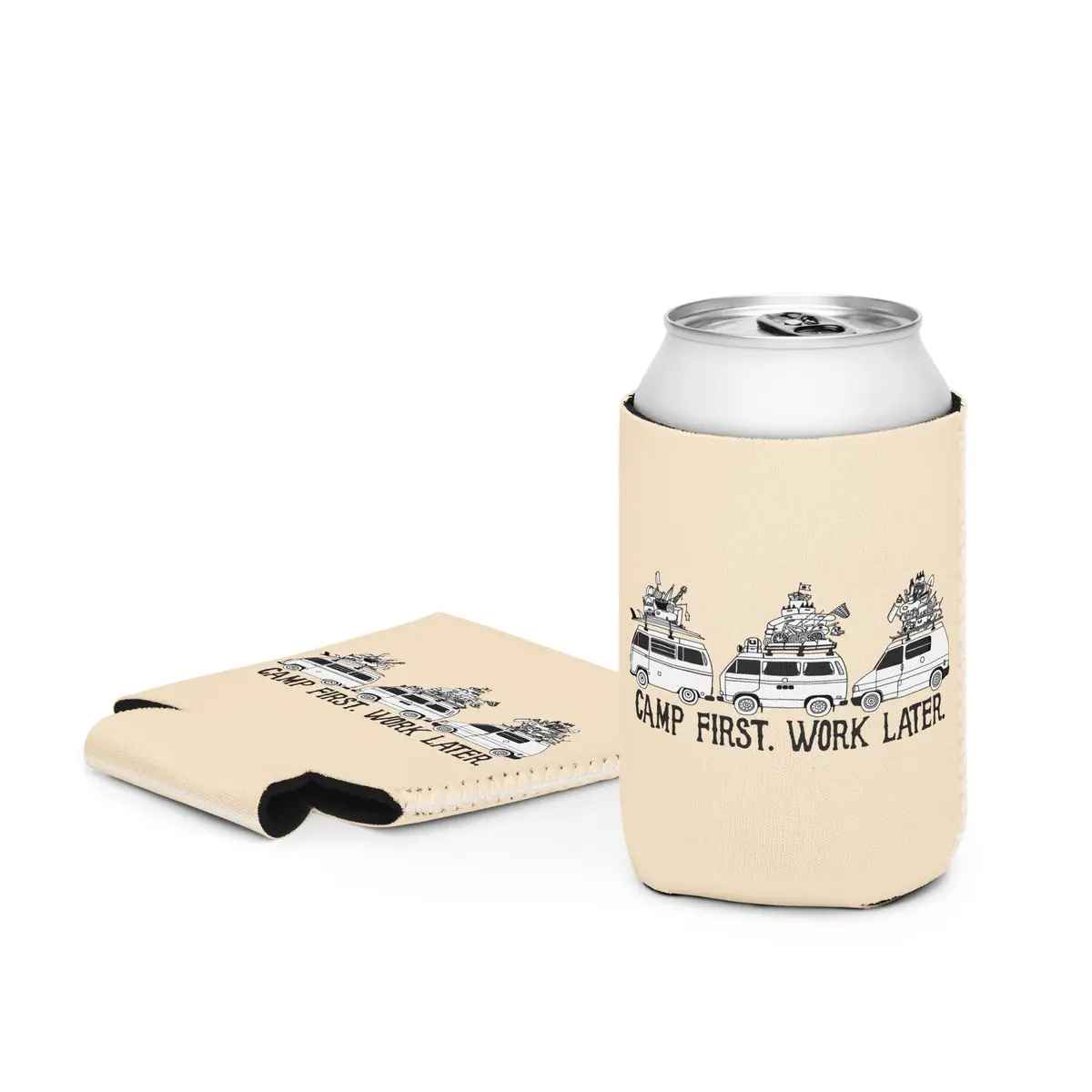 Camp First, Work Later Can Coozie 2