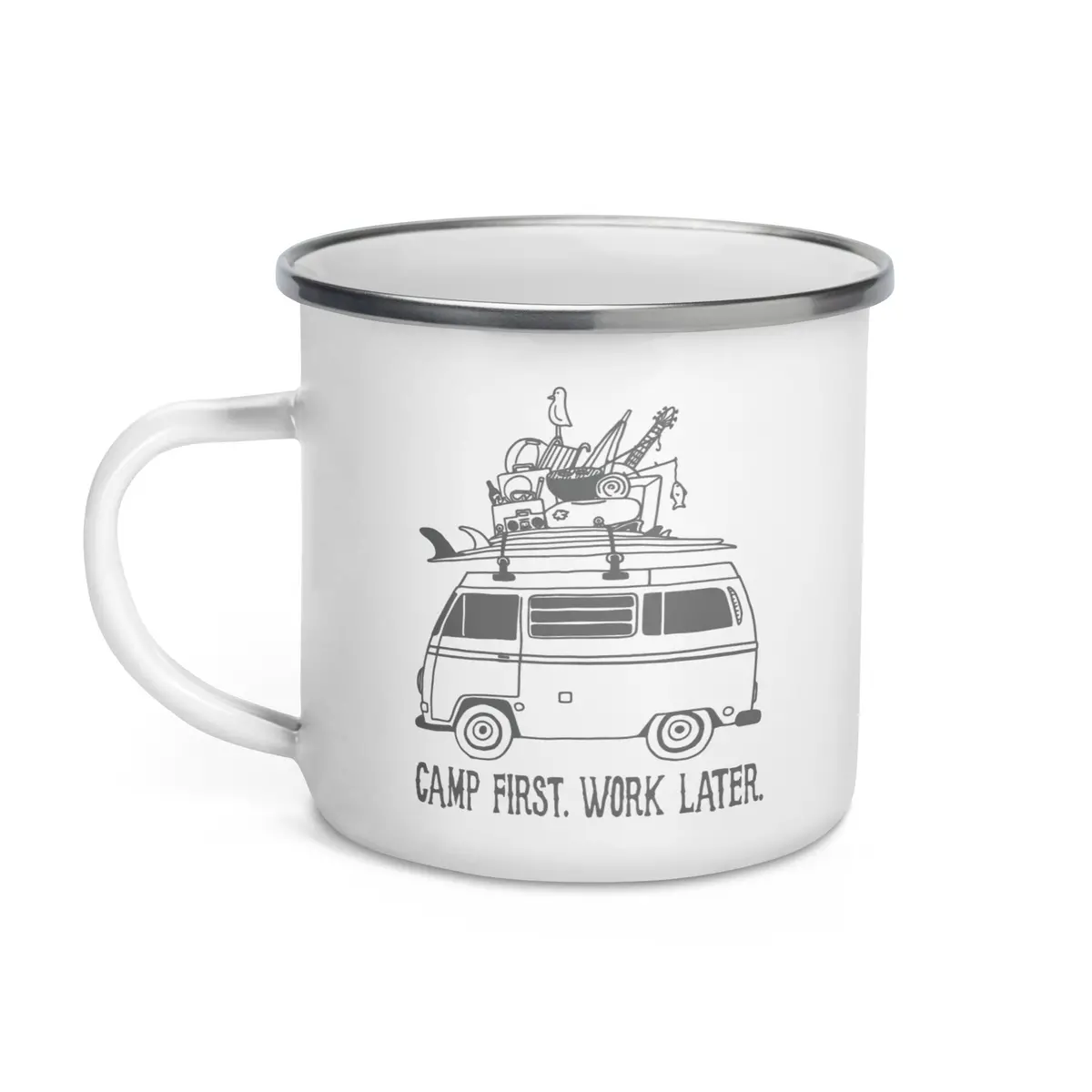 "Camp First, Work Later" Bus Enamel Mug 1