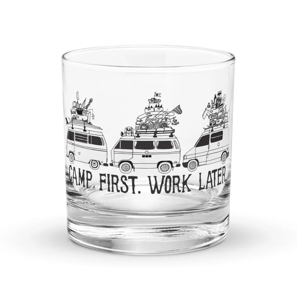 Camp First, Work Later Van Line-Up Rocks Glass 1