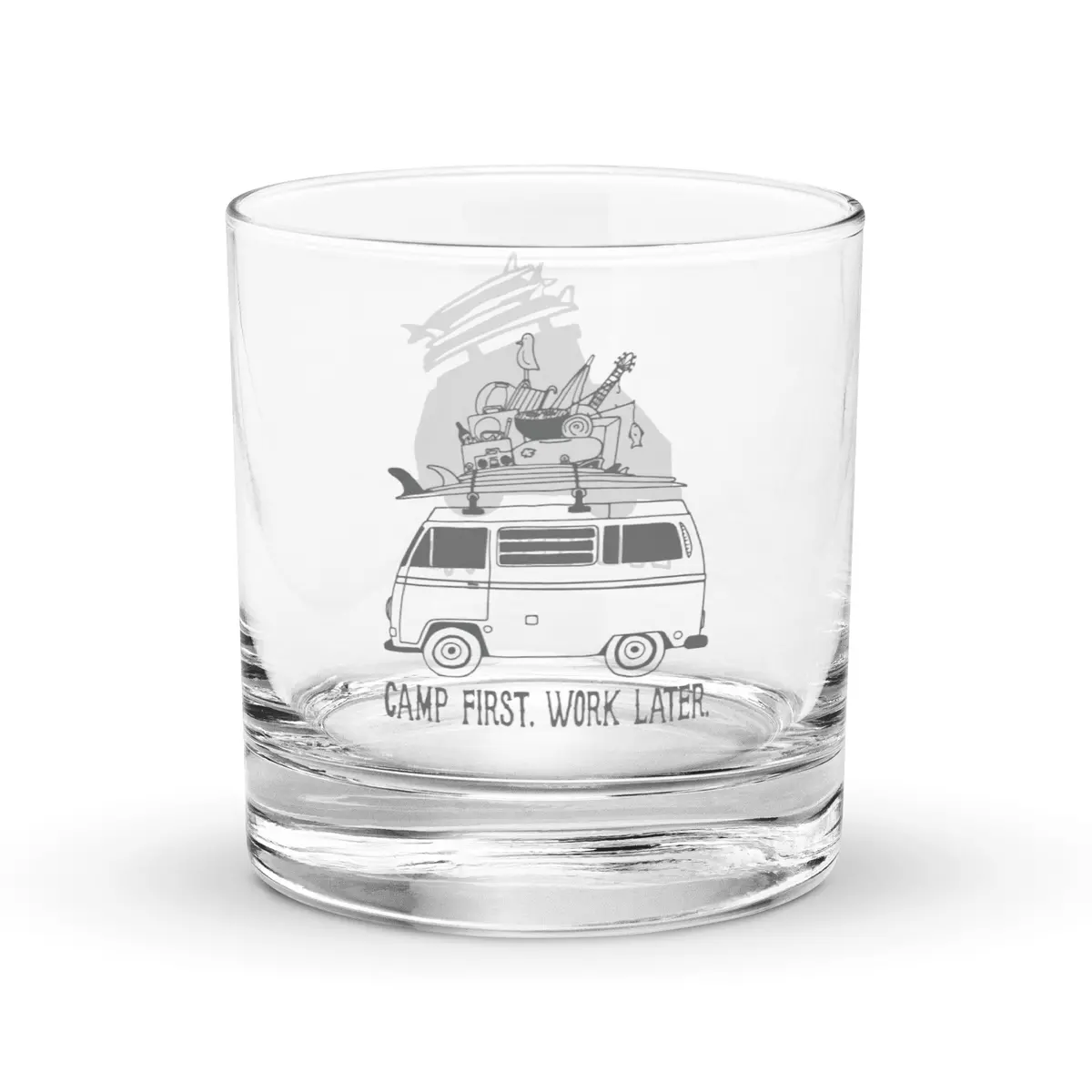 "Camp First, Work Later" Bus Rocks Glass 1